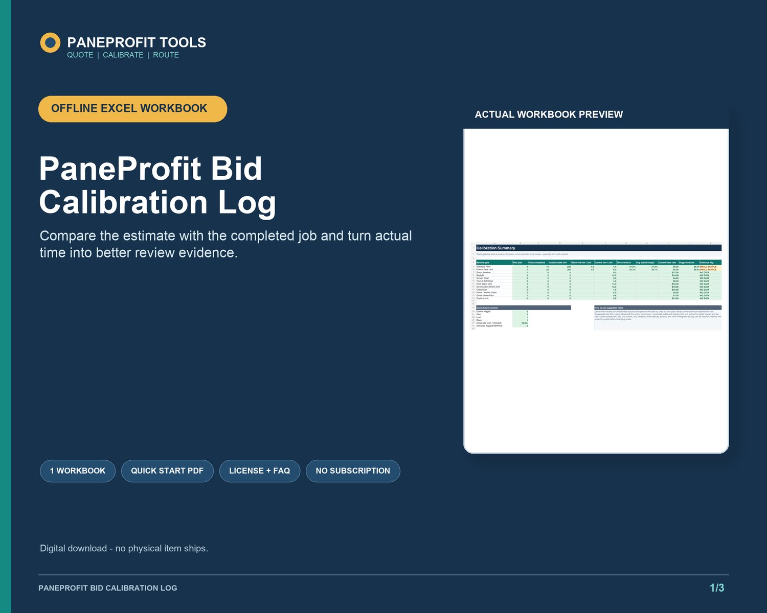 Window cleaning Bid Calibration Log for comparing estimates with completed-job actuals.