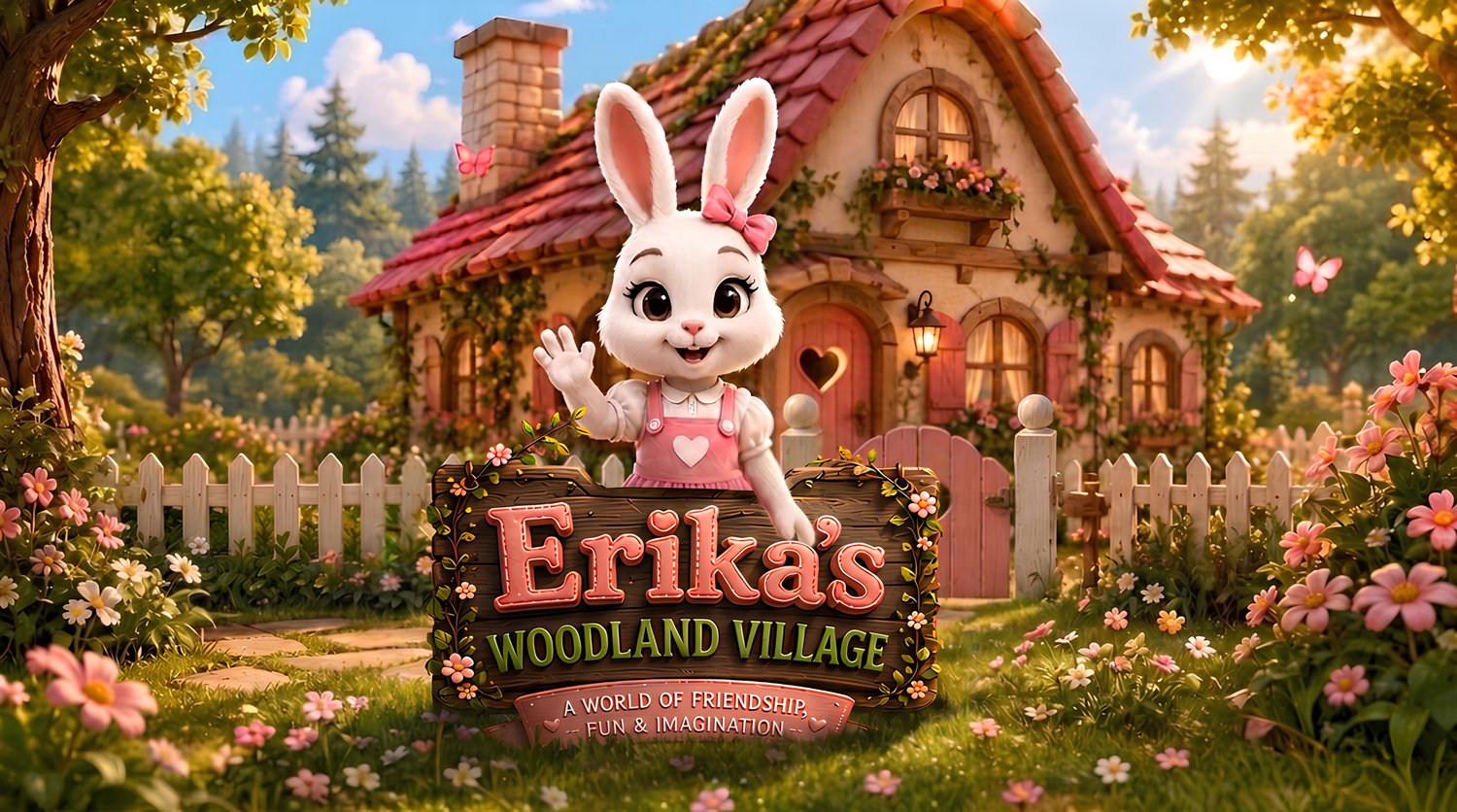 A beautiful hero banner featuring Erika, a cheerful white bunny, standing in front of her cozy woodland cottage. The scene includes a charming wooden welcome sign, colorful flowers, a white picket fence, warm golden sunlight, and a peaceful forest background, introducing the magical world of Erika's Woodland Village.