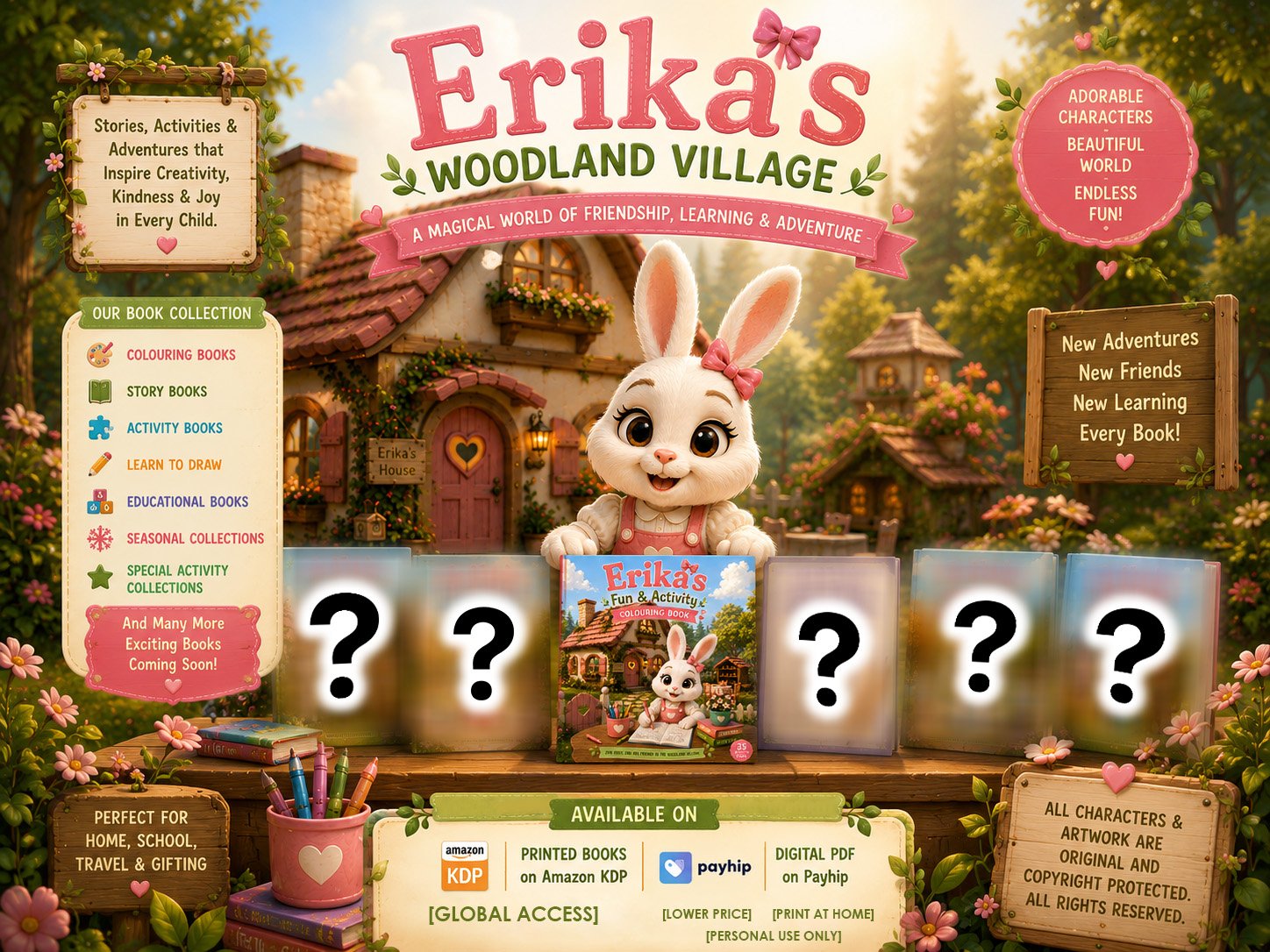 "Erika's Woodland Village brand banner with bunny character Erika and her first title, Erika's Fun & Activity Colouring Book, on Amazon KDP and Payhip"