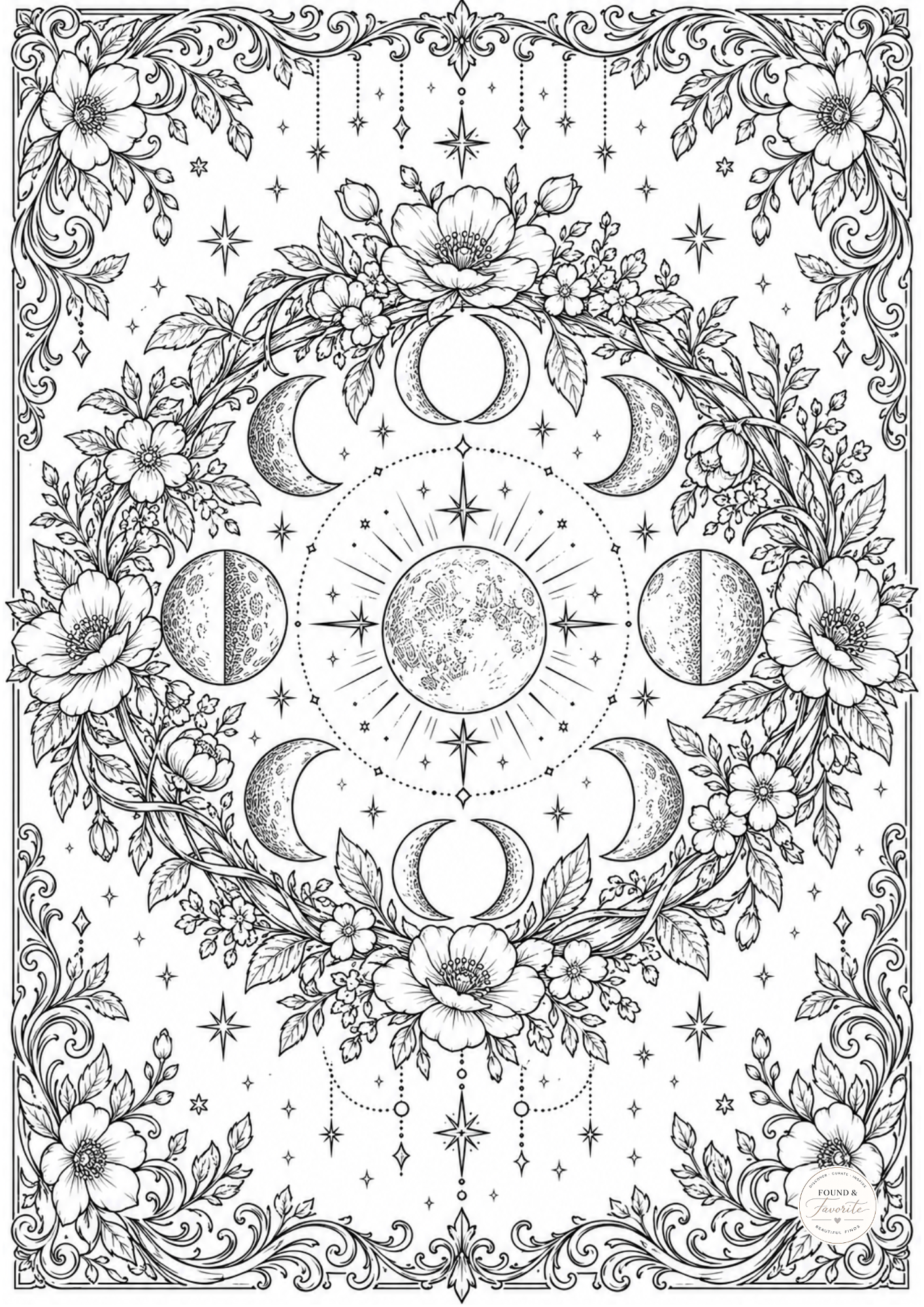 Moon phases mandala line art coloring page, celestial floral design for adult coloring book