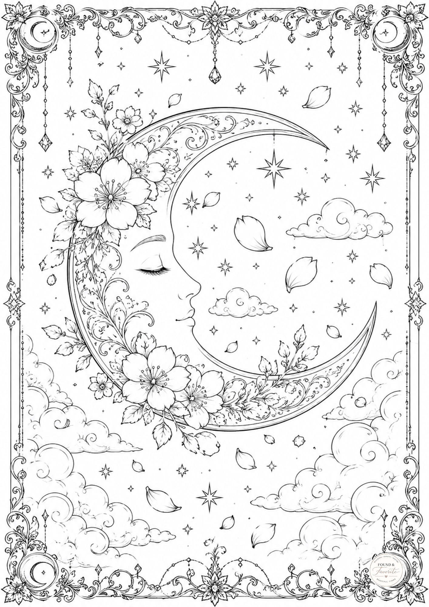 Crescent moon with flowers line art coloring page, celestial botanical design for relaxation