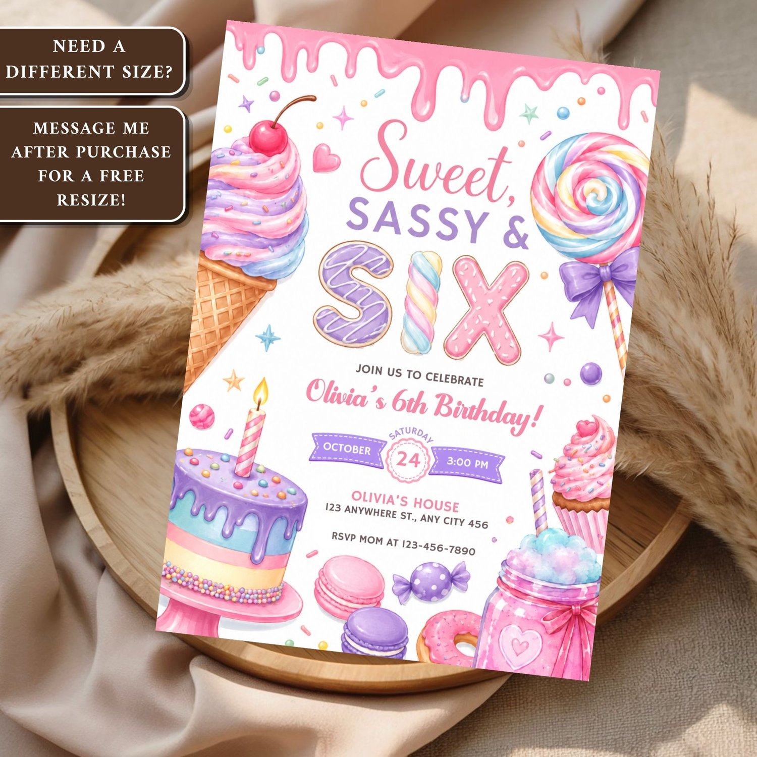 Editable Sweet Sassy and Six birthday invitation featuring party details, printable 6th birthday invite template for girls.