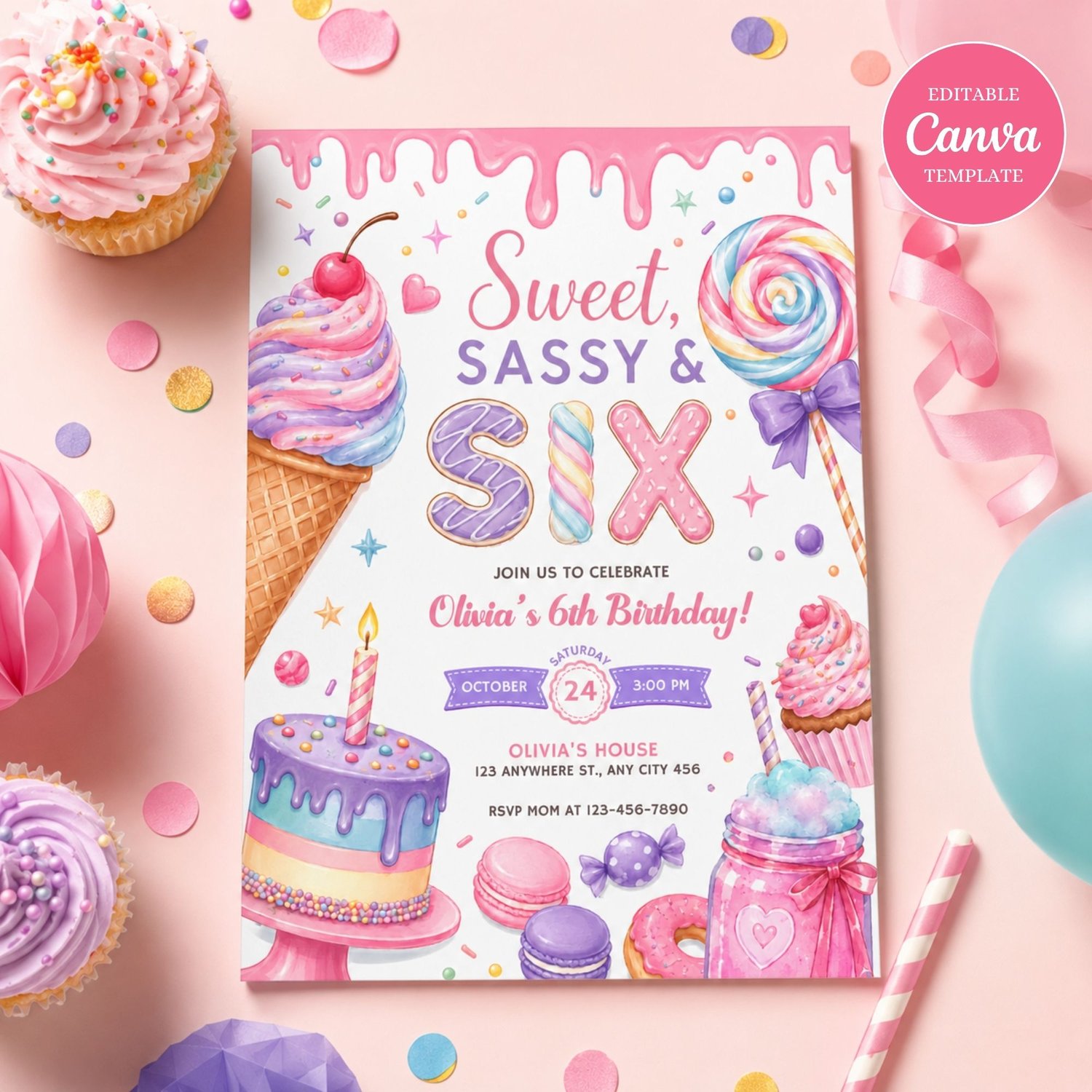 Sweet Sassy and Six 6th birthday invitation template for girls, editable Canva birthday invite with candy theme design.