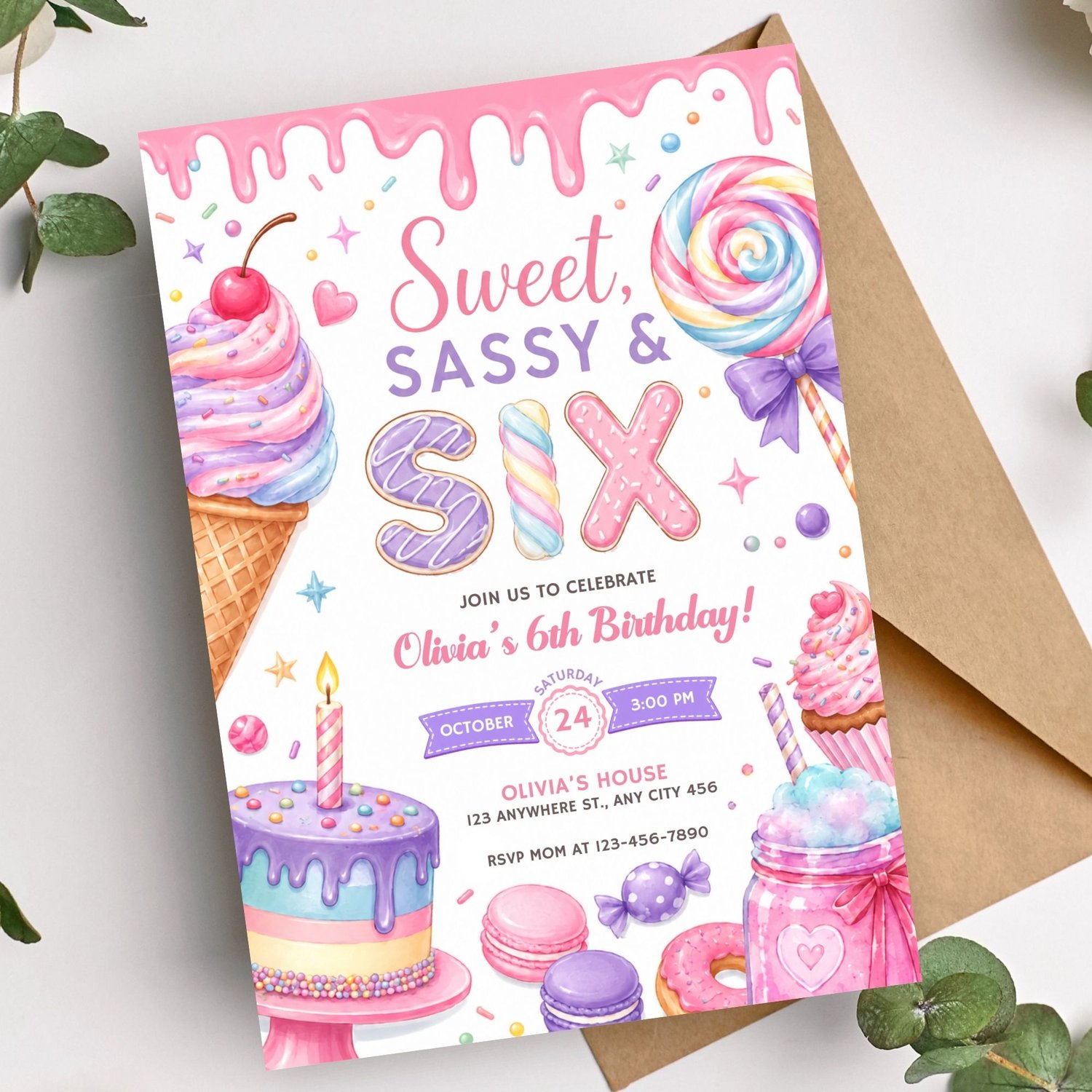 Candy and sweet shop themed Sweet Sassy and Six birthday invitation printable for a girl's 6th birthday celebration.