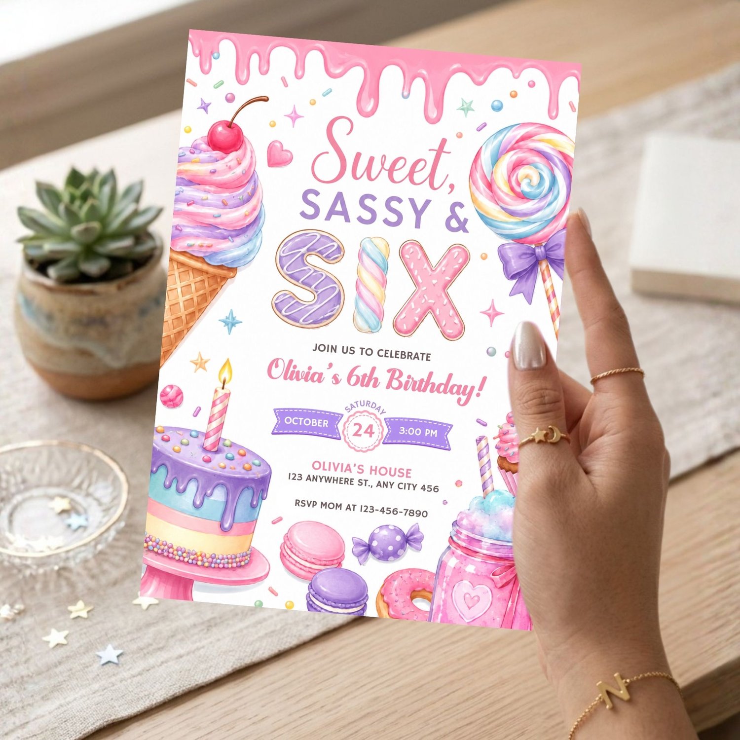 Canva editable Sweet Sassy and Six invitation template, digital download 6th birthday party invitation for girls.