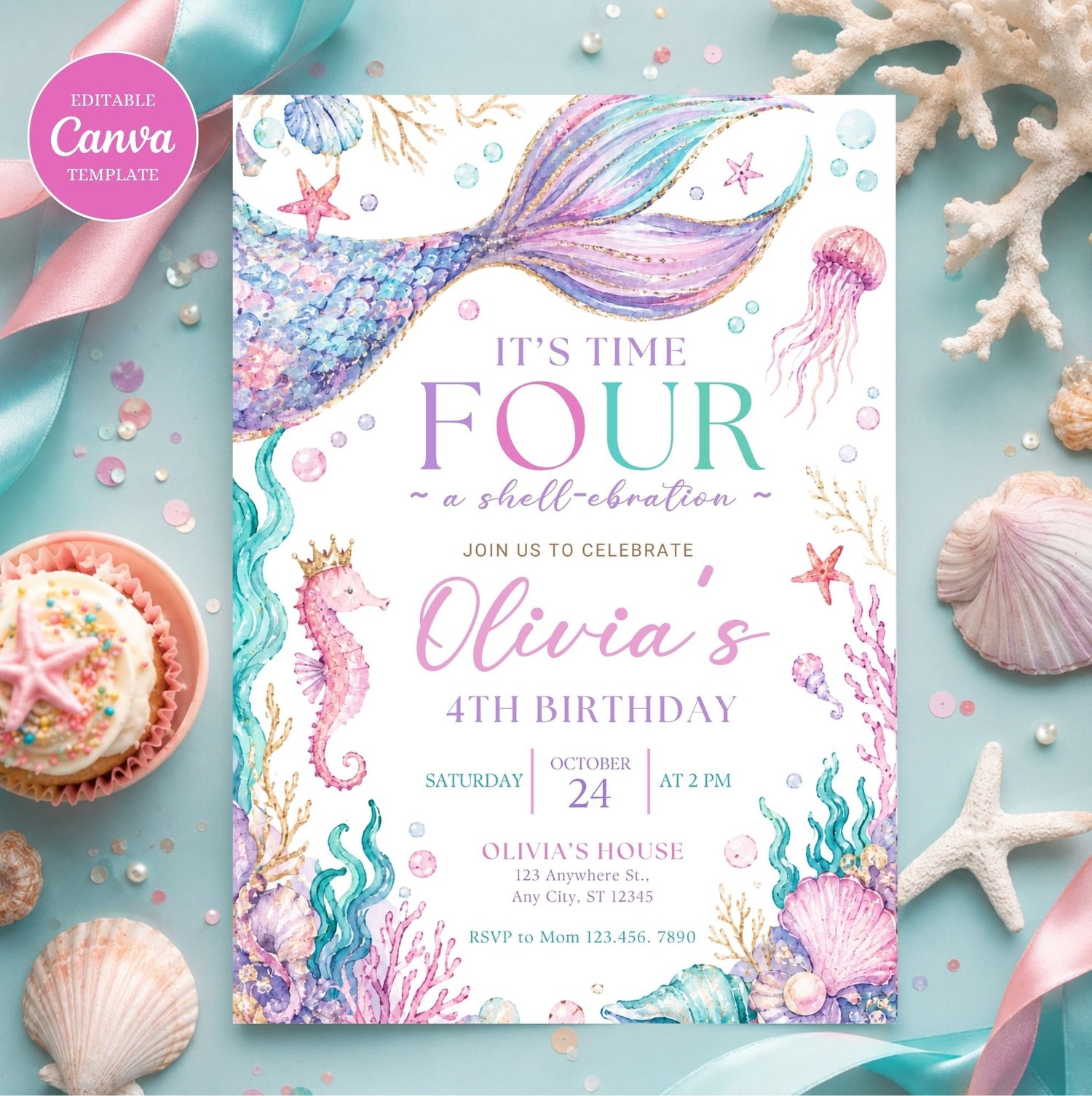 Mermaid 4th Birthday Invitation editable under the sea party Canva template for girls