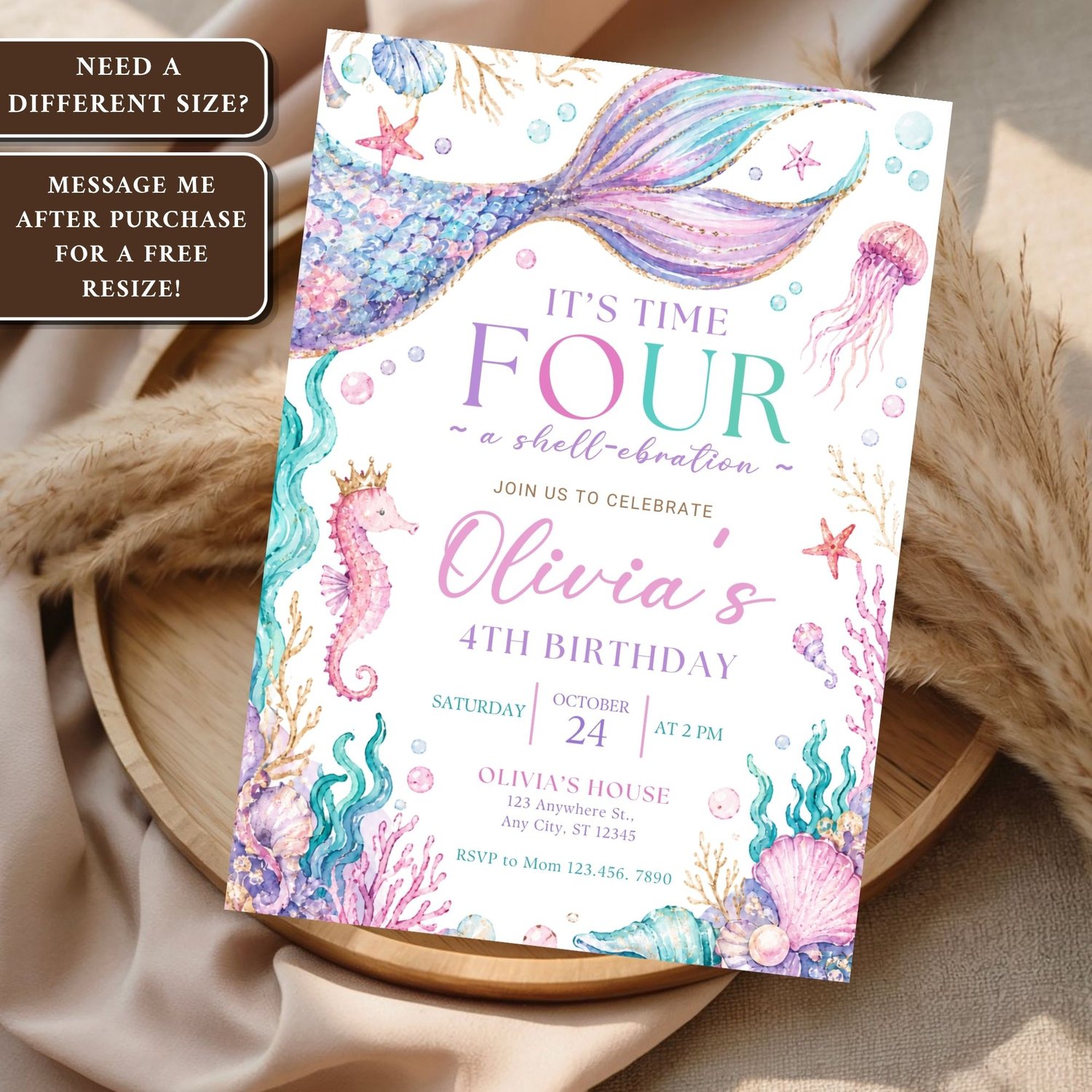 Under the sea mermaid birthday party invitation printable digital download for fourth birthday