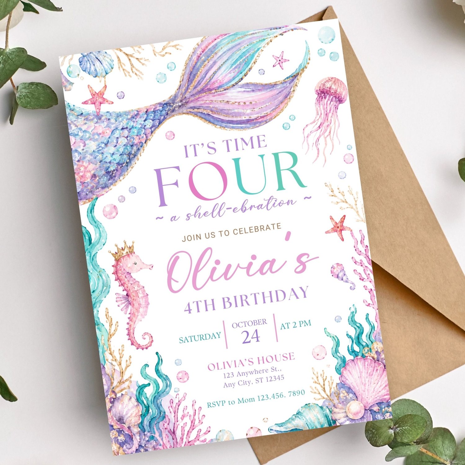 Editable mermaid birthday invitation Canva template instant download for kids party