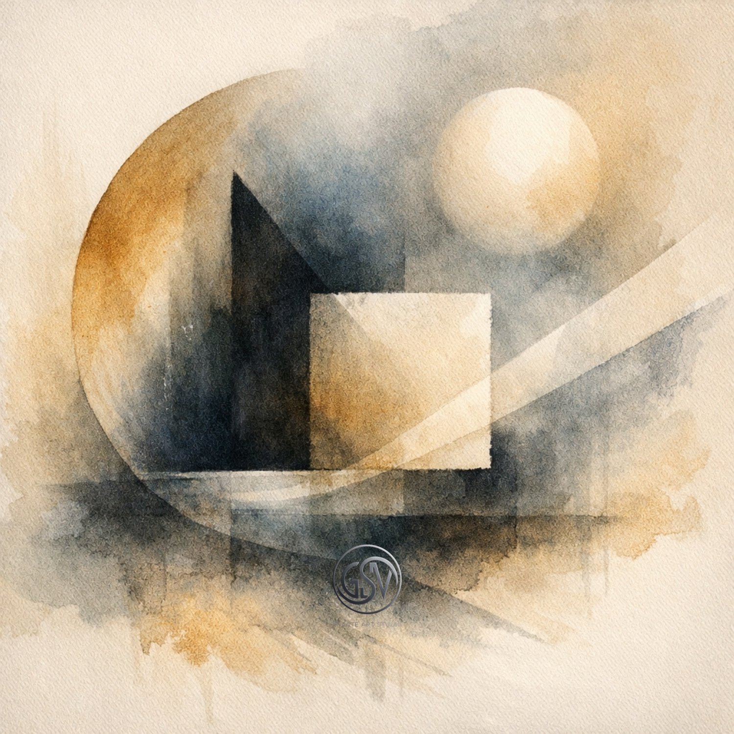Abstract watercolor illustration of overlapping geometric shapes — circle, cube, and sphere — in muted ochre and indigo tones