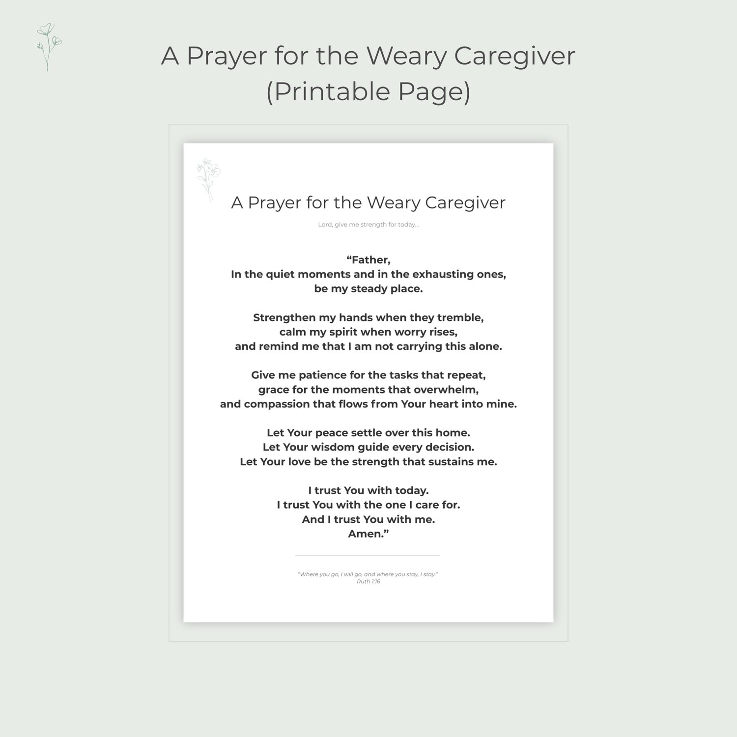 Printable Christian caregiver prayer page with botanical accents.