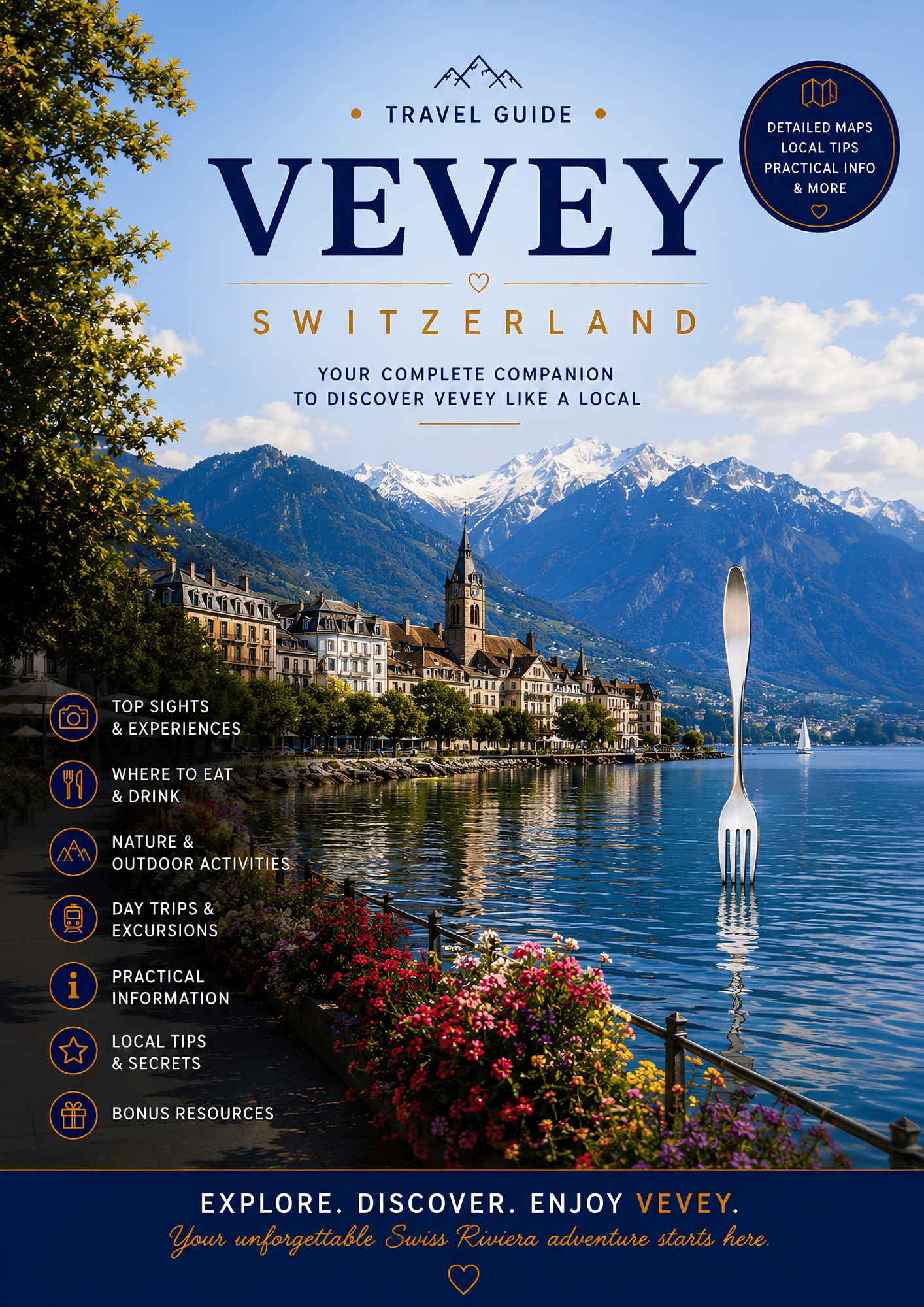 PDF travel guide cover for Vevey, Switzerland featuring the Lake Geneva waterfront, Charlie Chaplin statue and the city’s top attractions