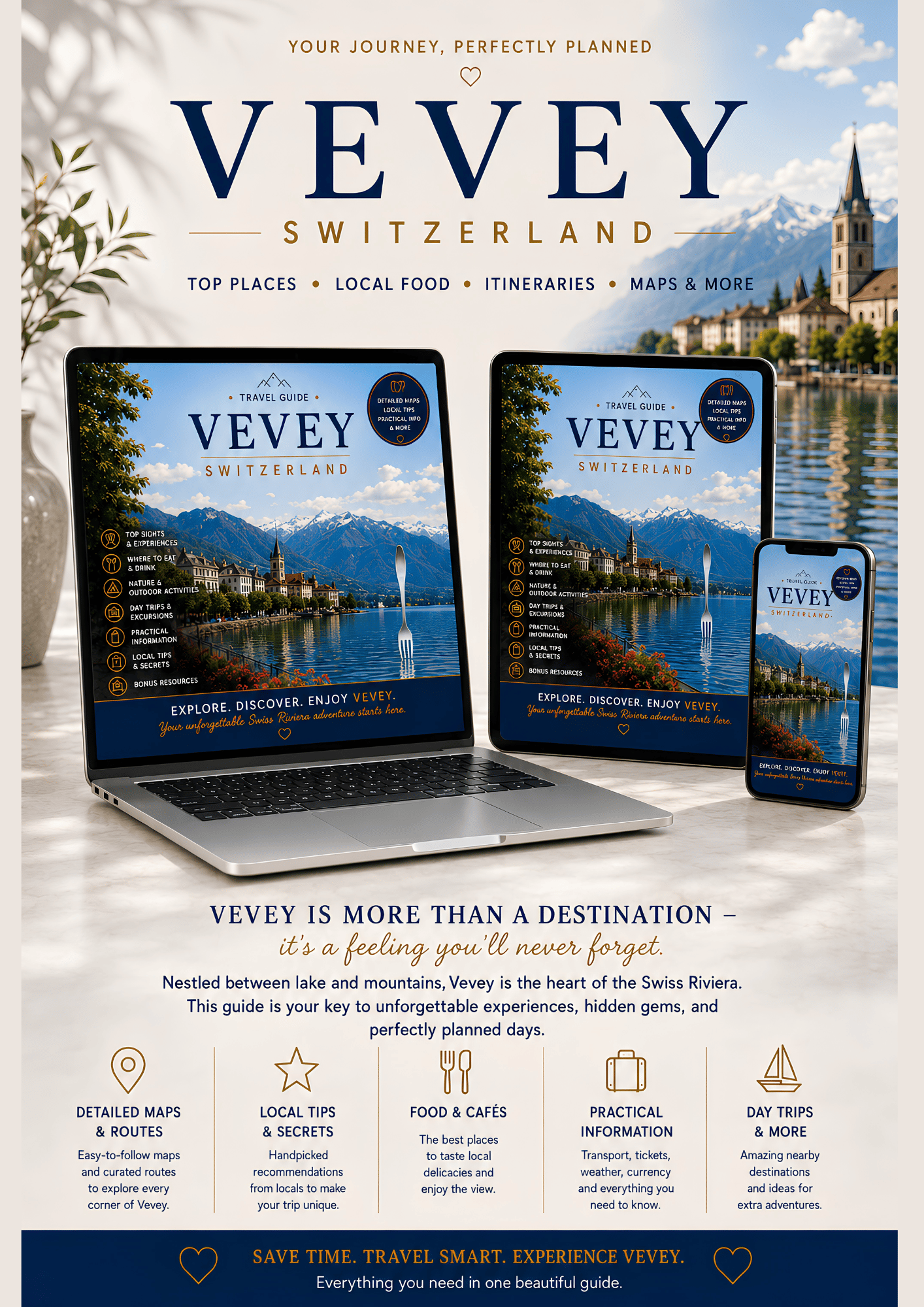 Vevey travel guide displayed on laptop, tablet, smartphone and PDF book