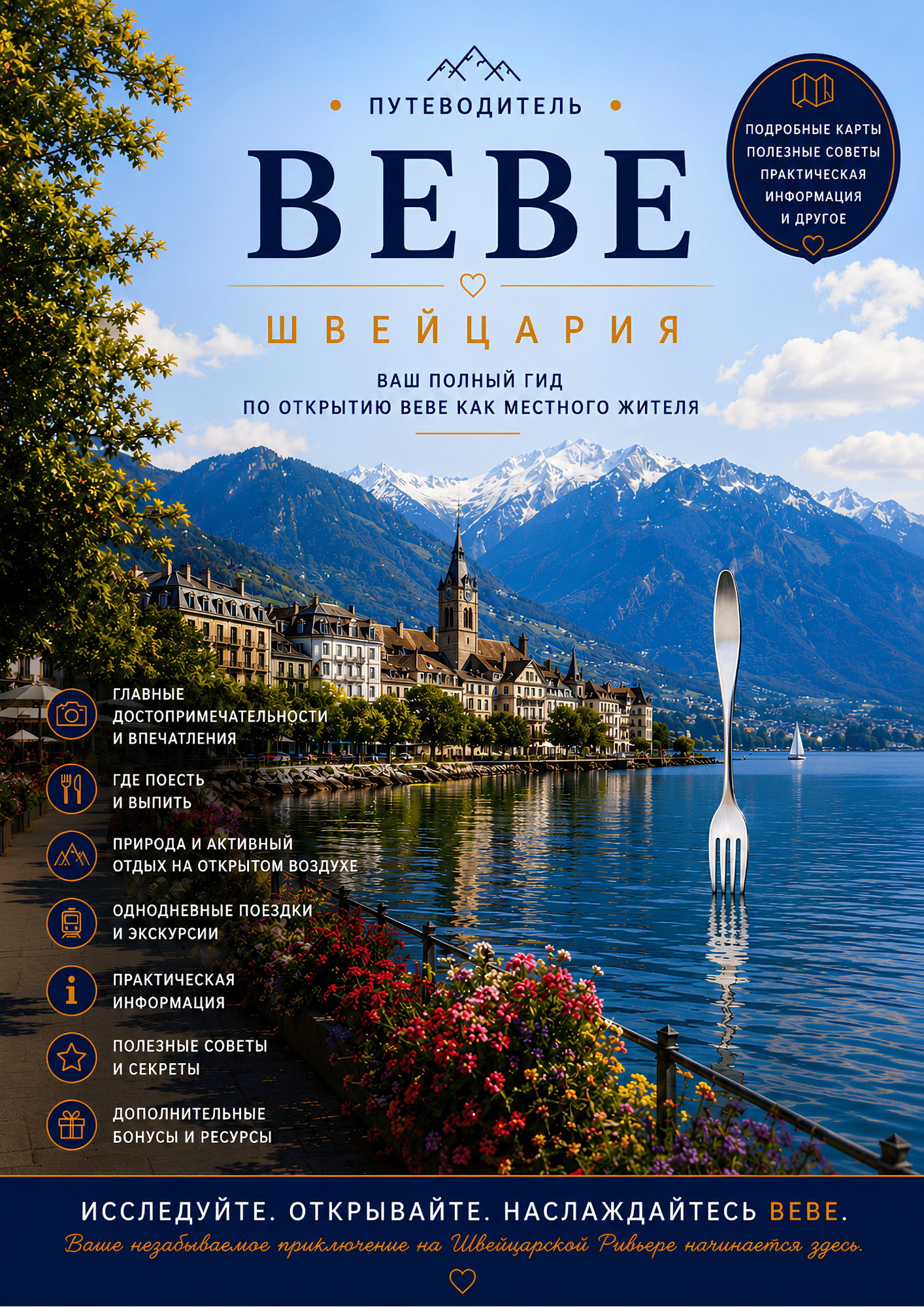 Обложка PDF-путеводителя по Веве с набережной Женевского озера, памятником Чарли Чаплину и главными достопримечательностями