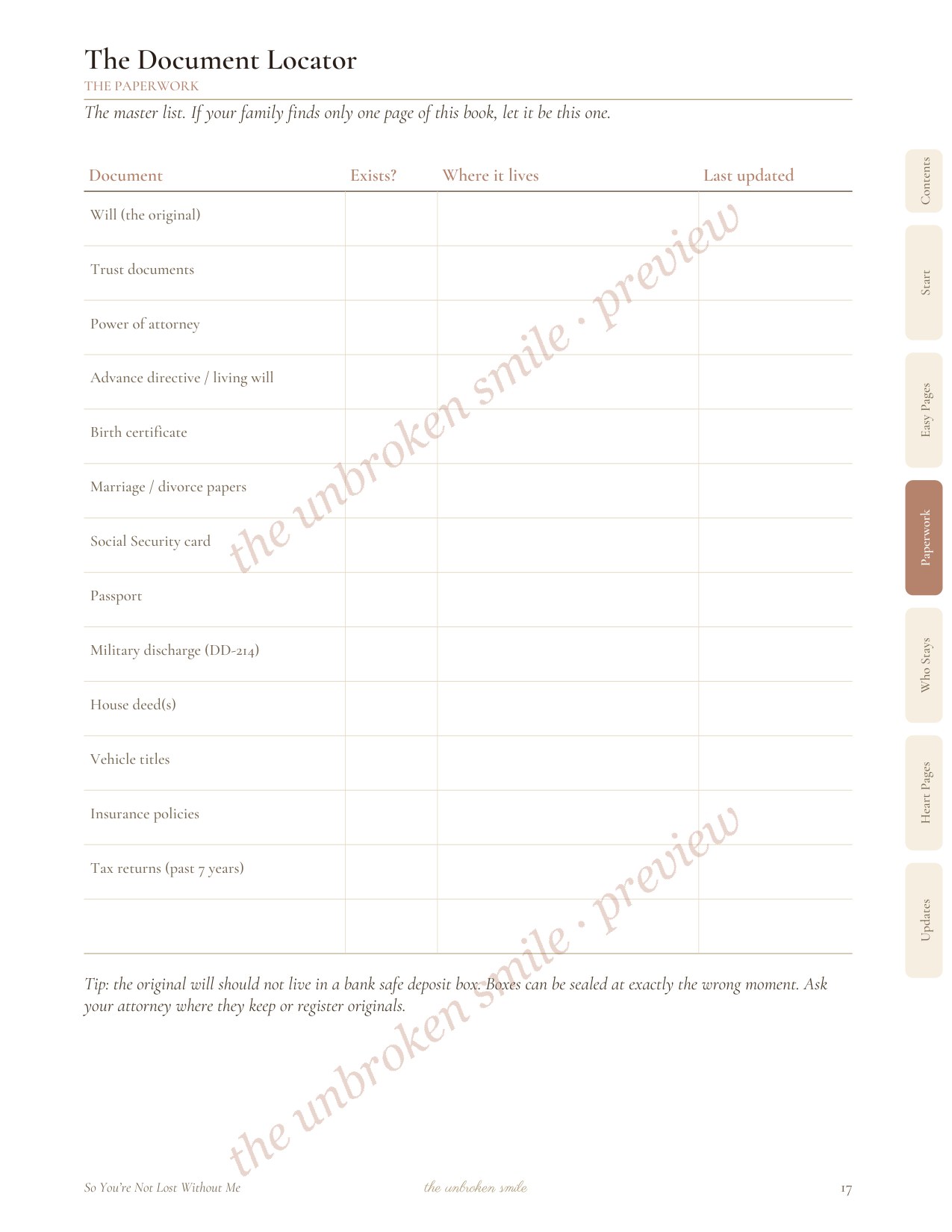 Watermarked preview of a fillable planner page for personal and household information.