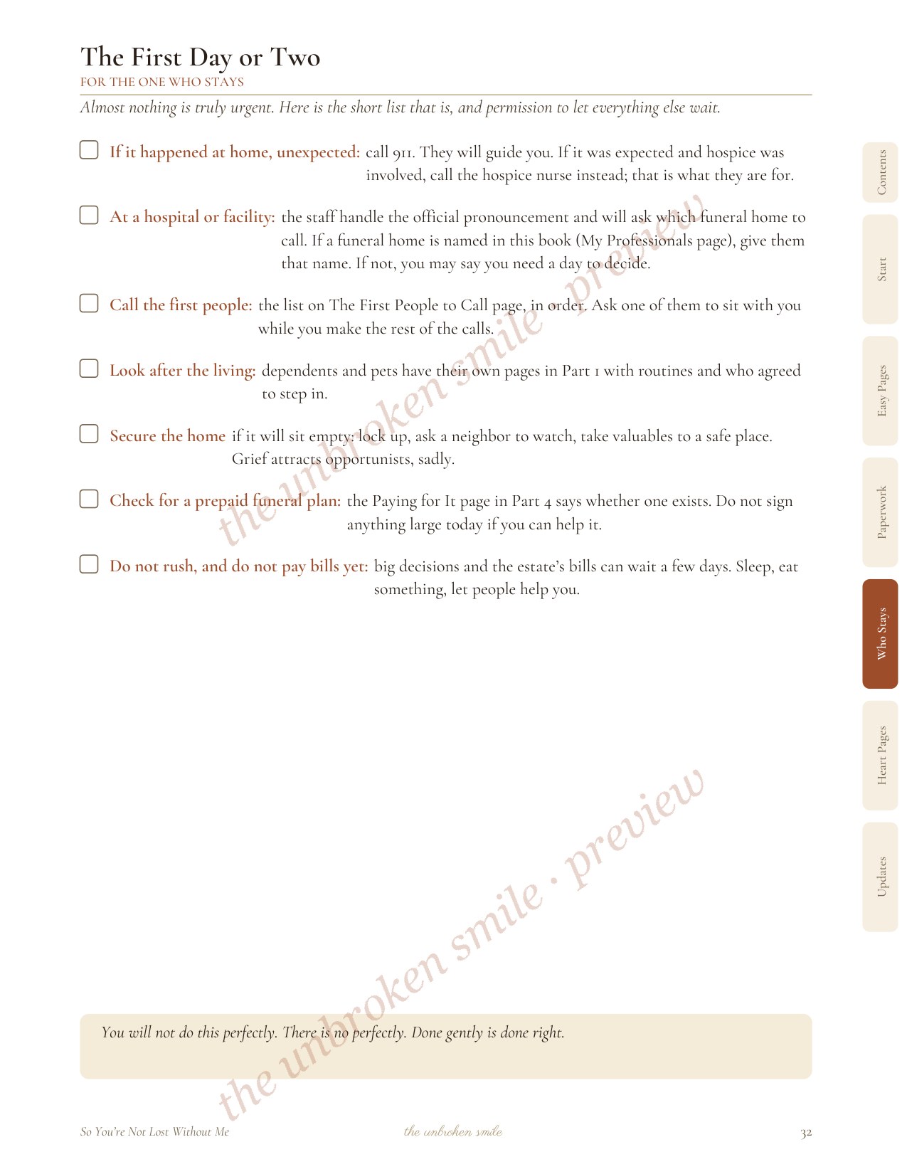 Watermarked checklist page titled The First Easy Pages.