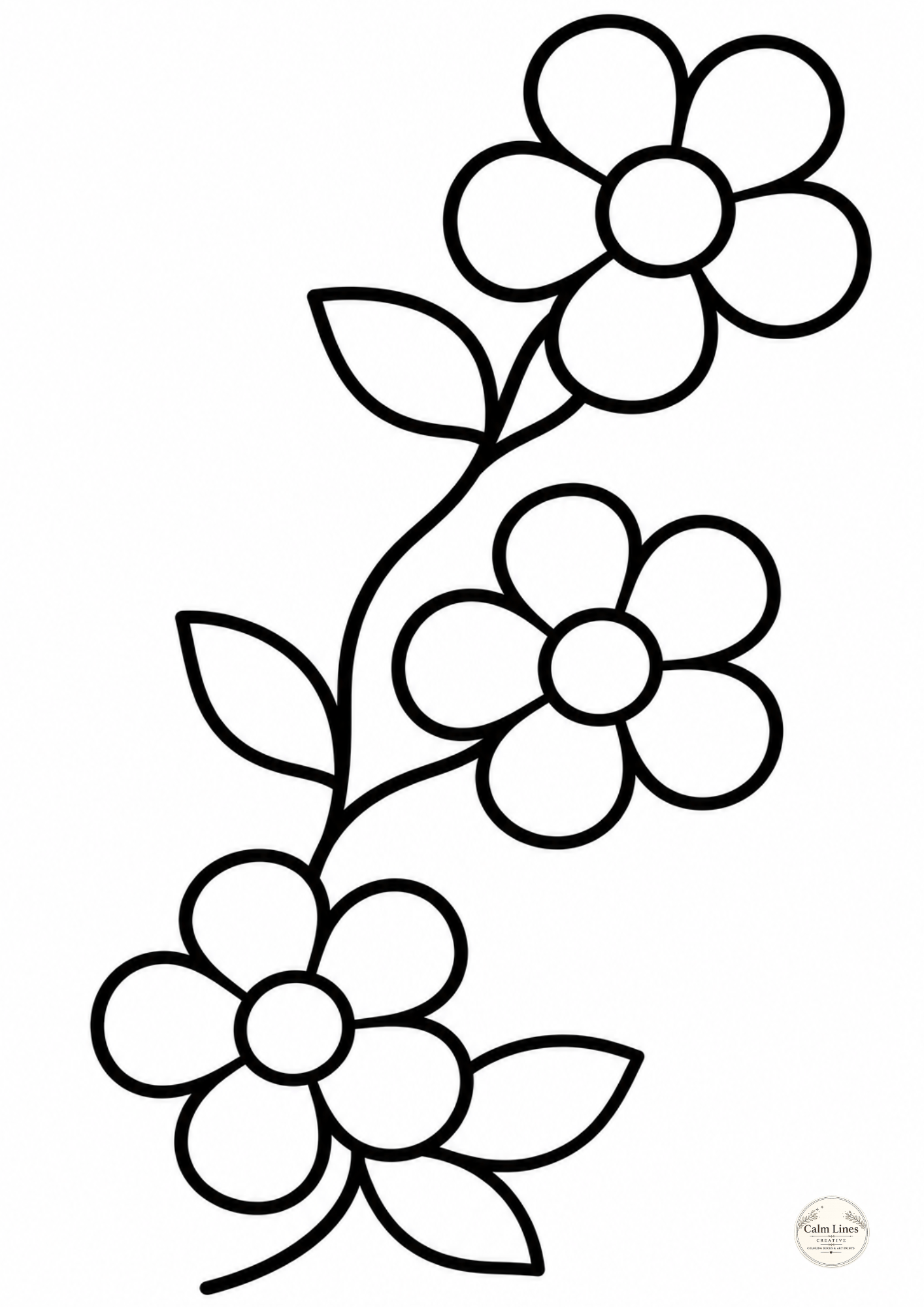 Simple flower vine coloring page with three large bold flowers and leaves, large print easy line art design