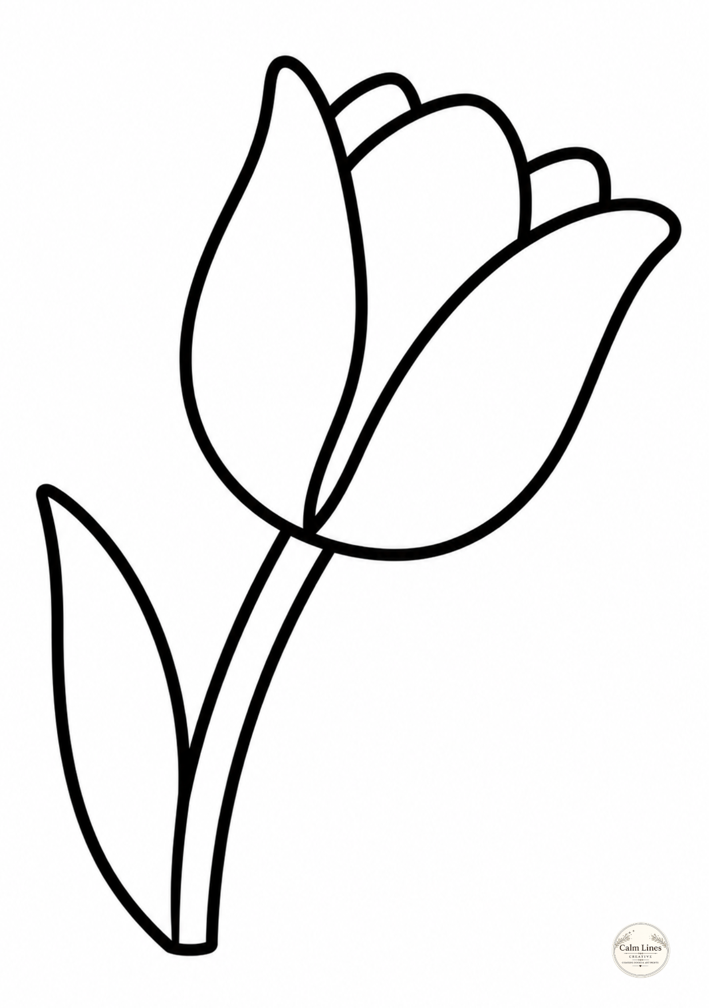 Single tulip flower coloring page, bold simple line art design, large print easy coloring for adults and seniors