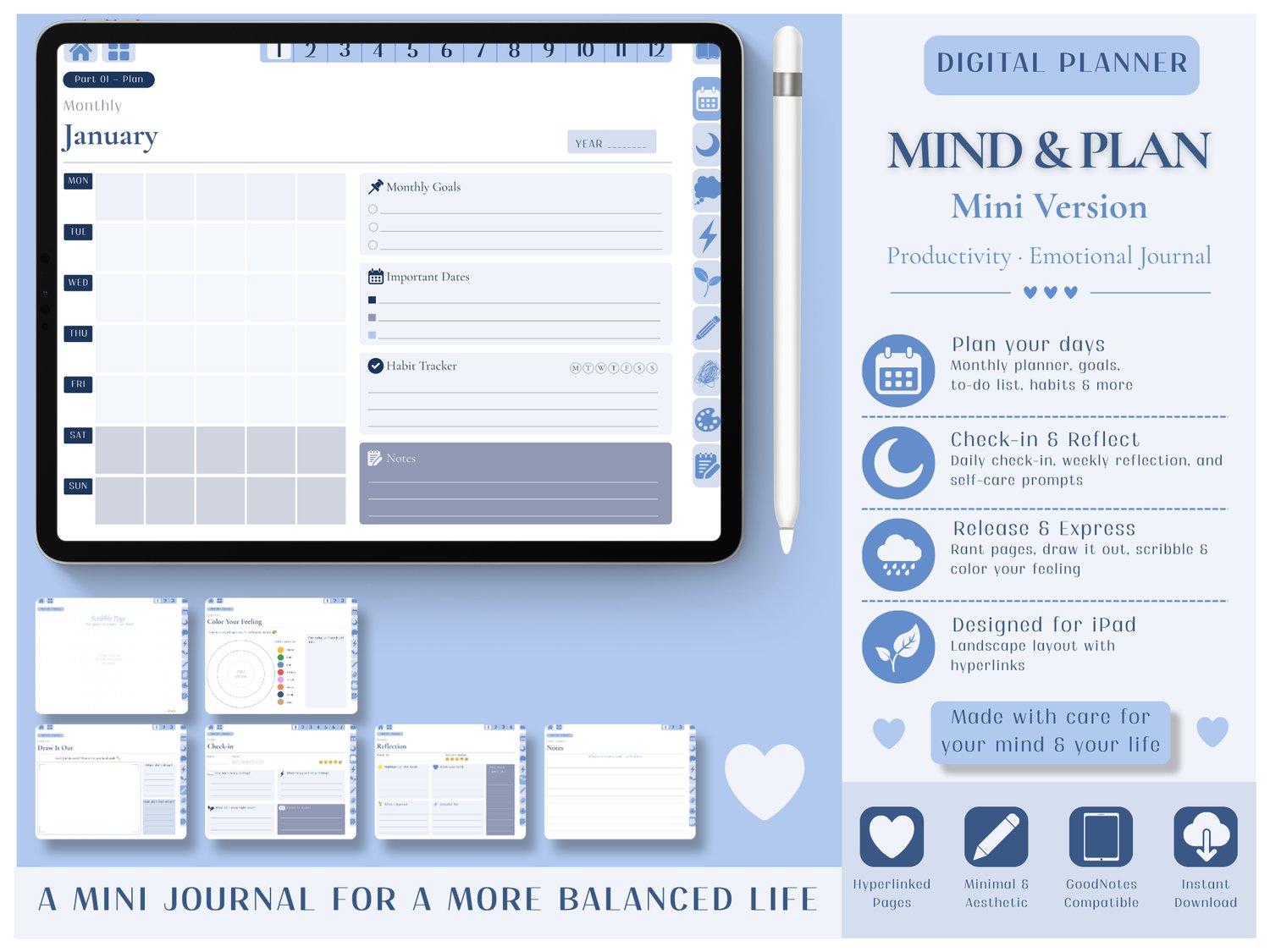 Mind & Plan Mini Version hyperlinked digital planner for iPad GoodNotes productivity and emotional journal