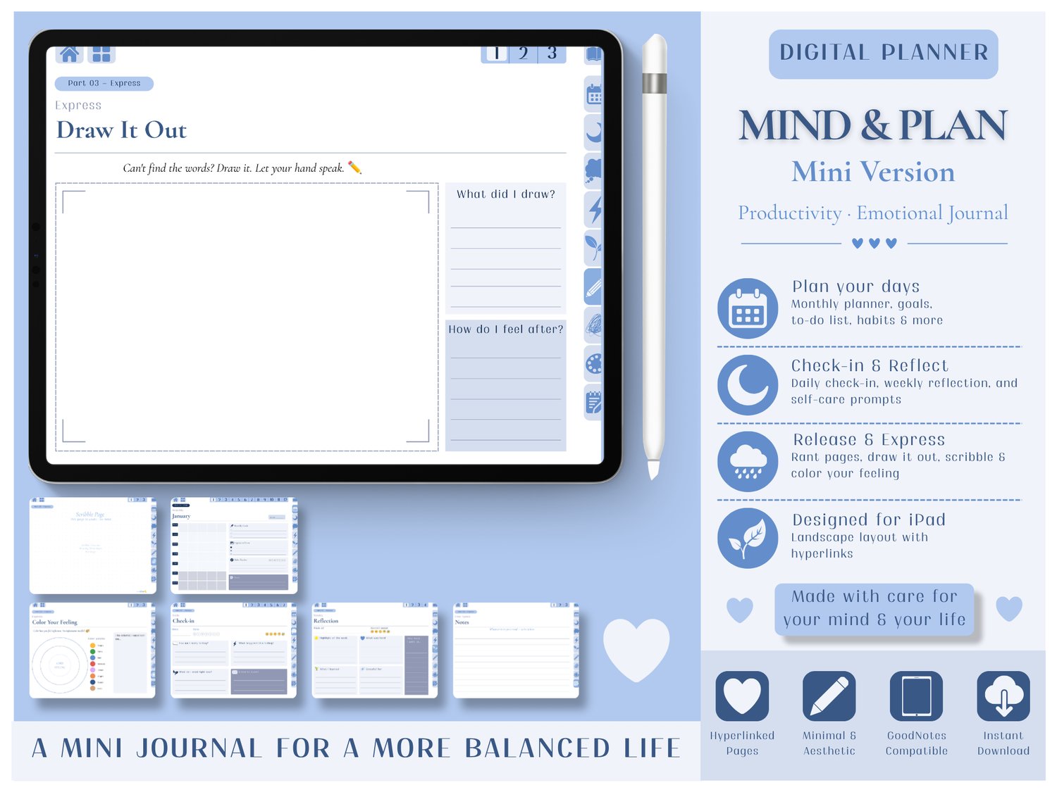 Mind & Plan Mini Version hyperlinked digital planner for iPad GoodNotes productivity and emotional journal