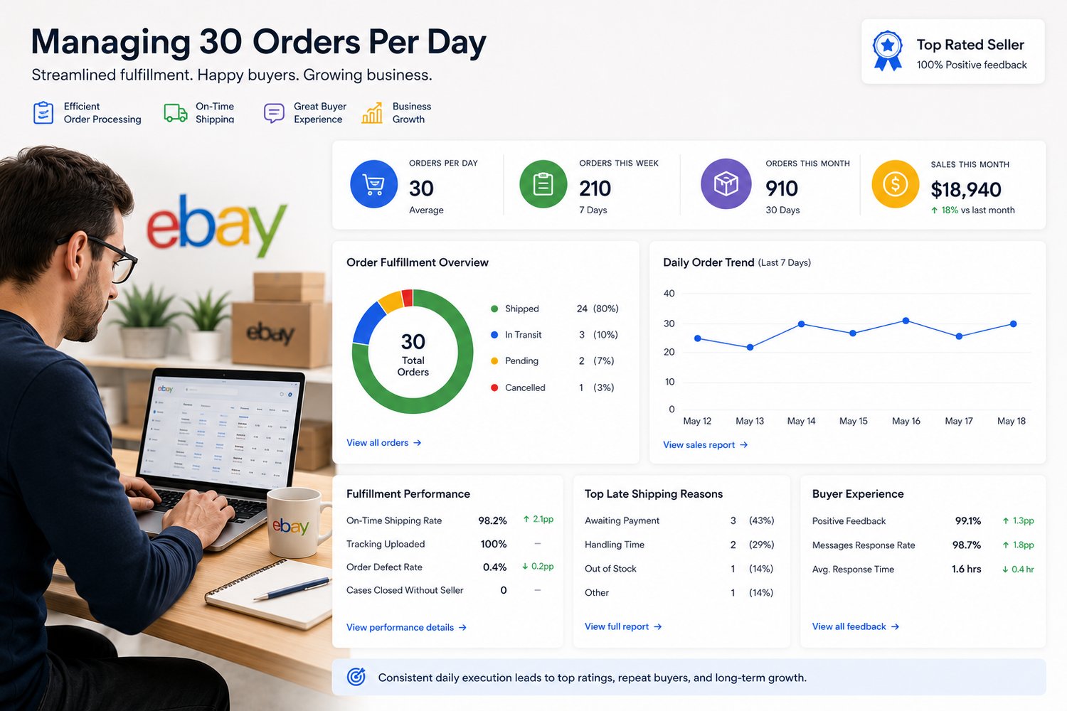 eBay seller managing 30 orders per day through an ecommerce fulfillment dashboard.