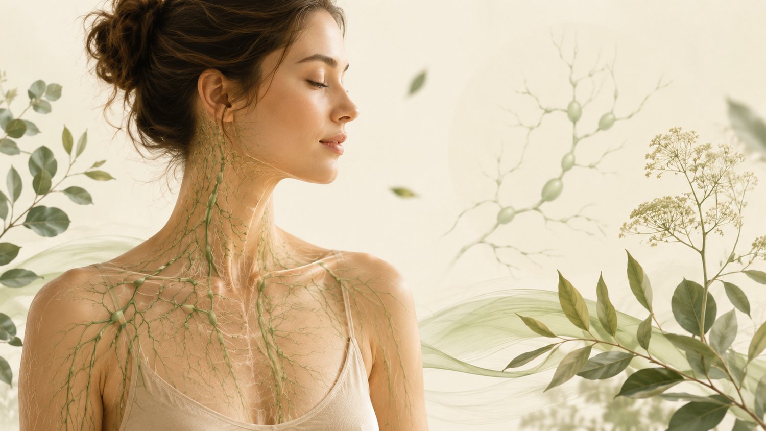 Botanical illustration of a woman’s back showing the lymphatic system, including lymph vessels and lymph nodes