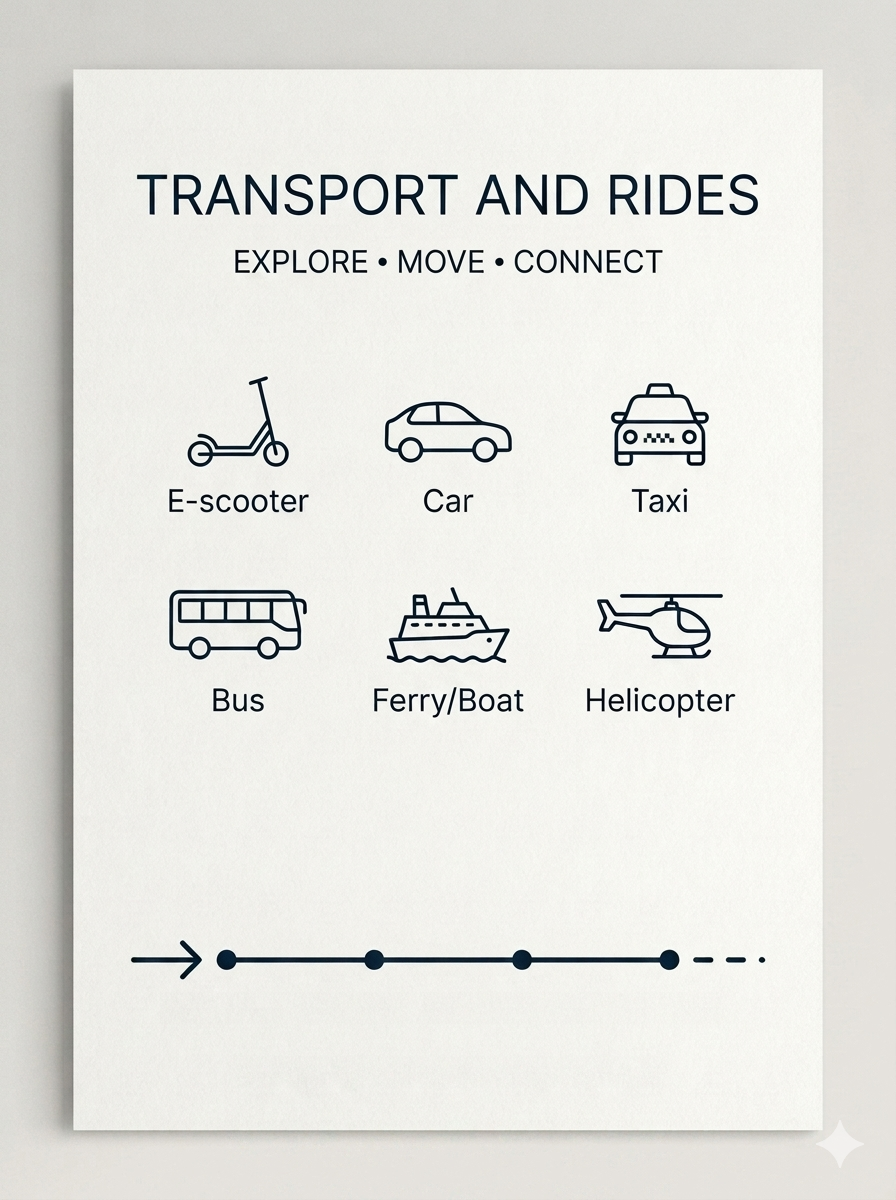 transport and pick up, car for rent, taxi, ferry, bus, helicopter for rent