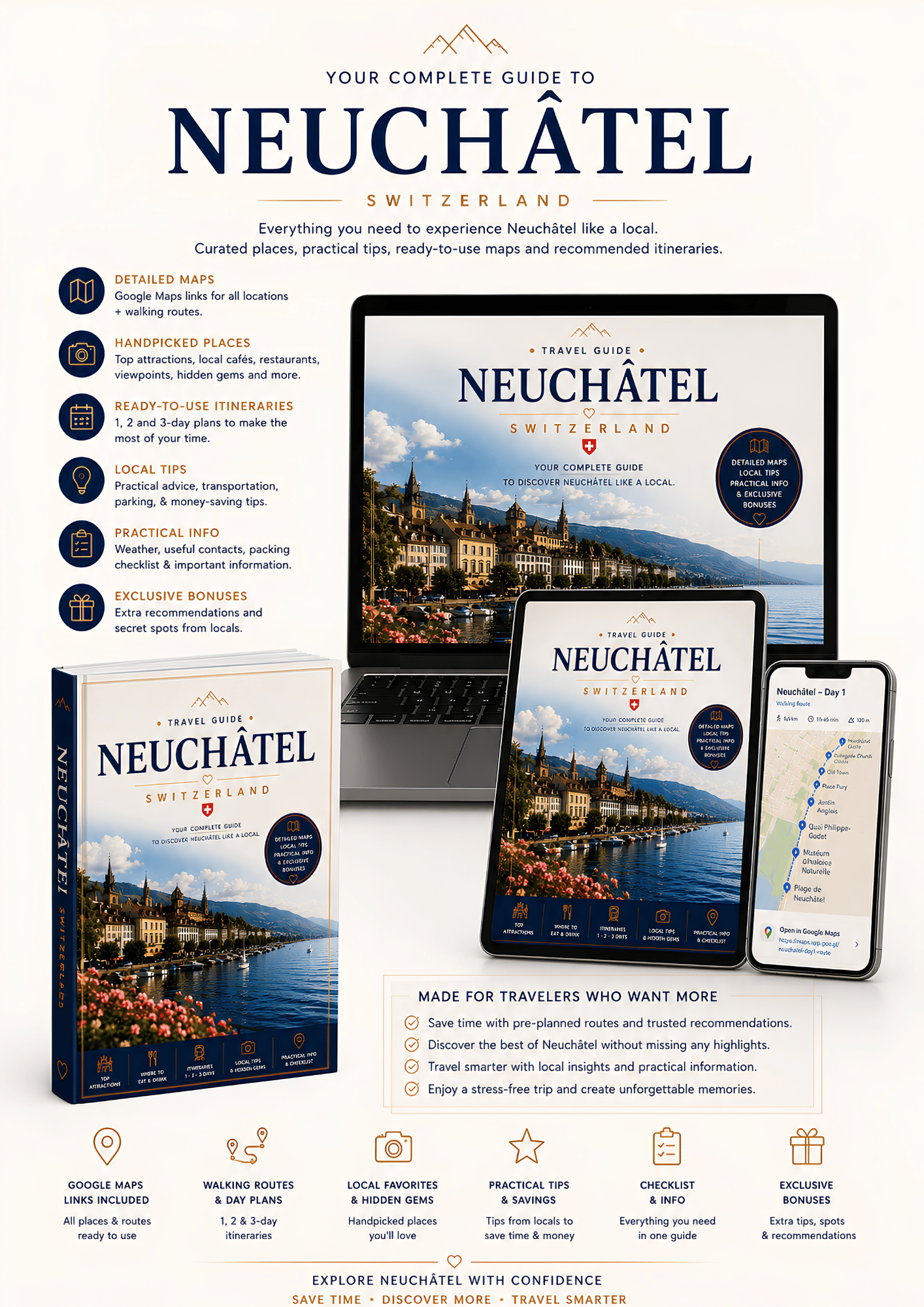 Neuchâtel travel guide displayed on laptop, tablet, smartphone and PDF book