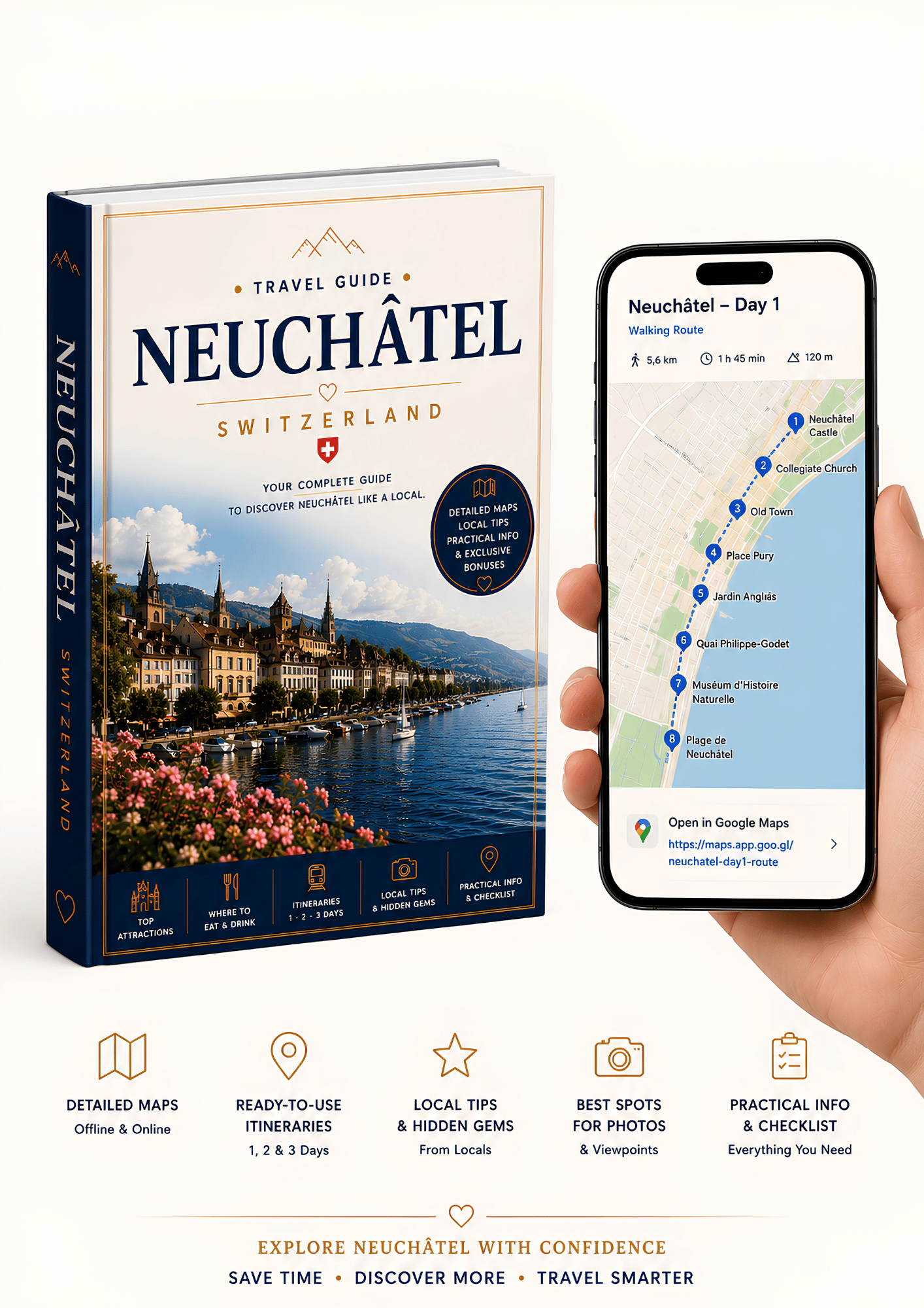 Interactive Neuchâtel travel guide with Google Maps on a smartphone