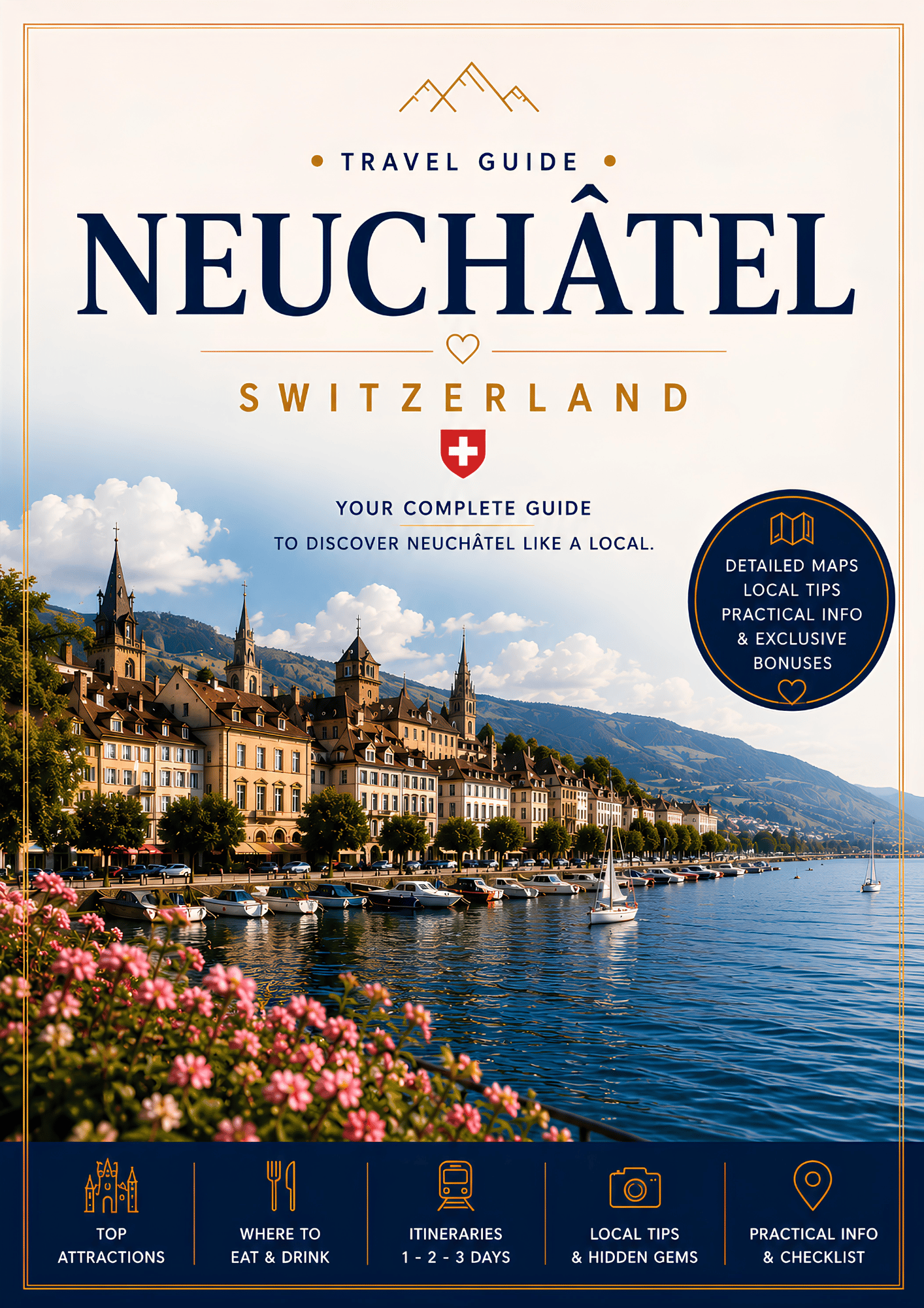 PDF travel guide cover for Neuchâtel, Switzerland featuring the historic Old Town, Lake Neuchâtel and the city’s top attractions