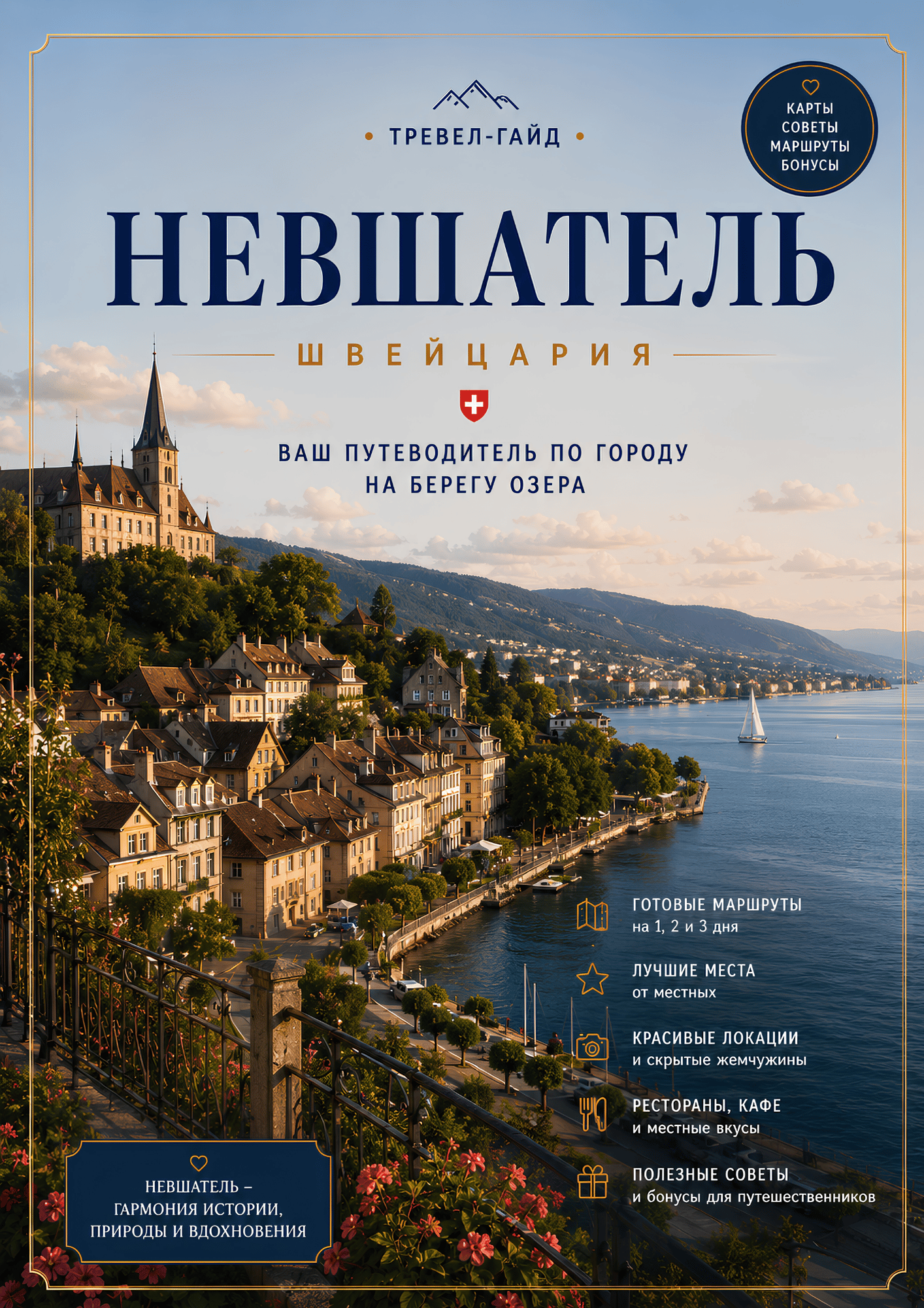Обложка PDF-путеводителя по Невшателю с историческим Старым городом, озером Невшатель и главными достопримечательностями