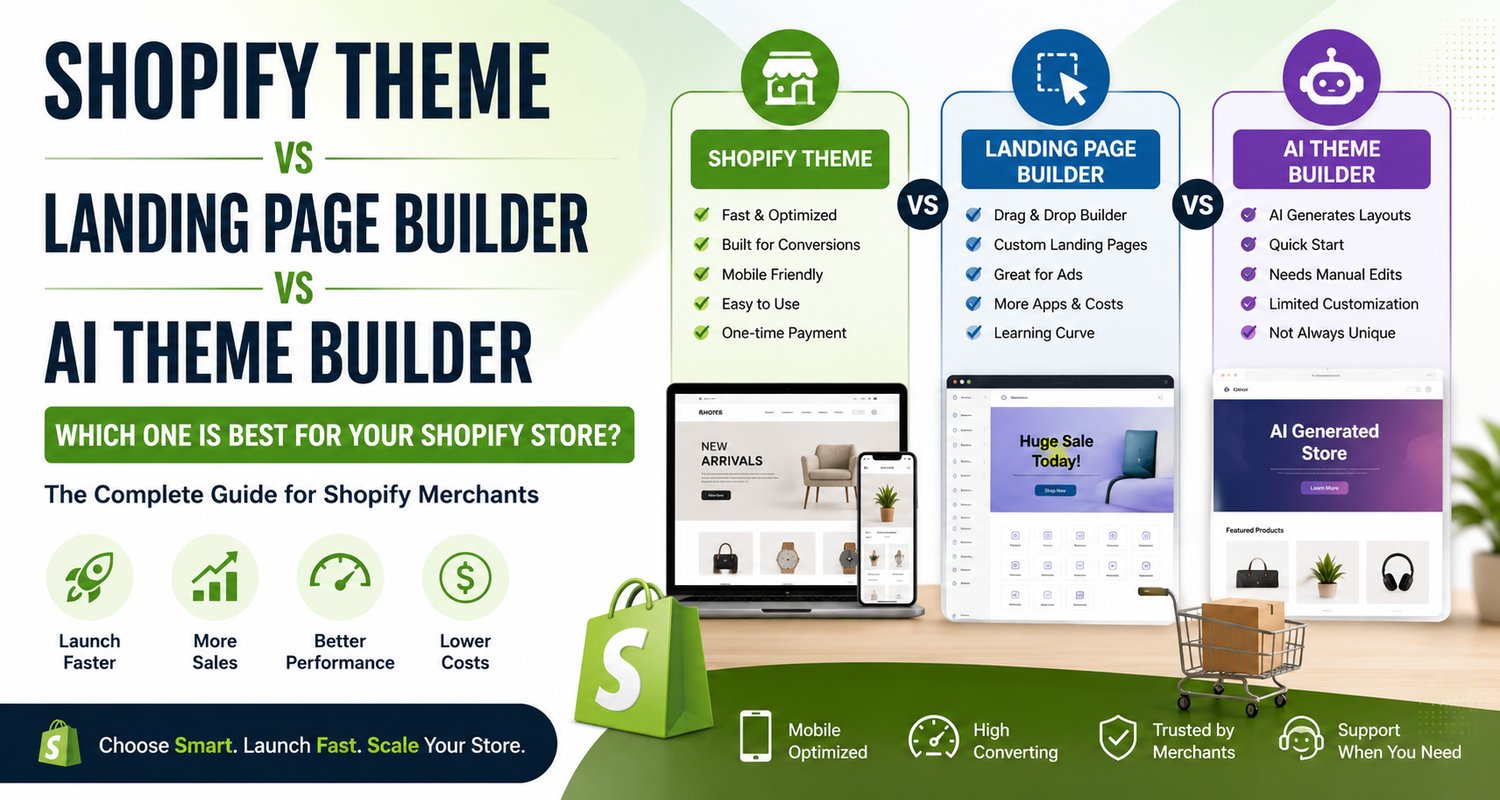 Comparison of Shopify Theme vs Landing Page Builder vs AI Theme Builder, showing why premium Shopify themes are the best choice for building high-converting Shopify stores with better performance, lower costs, and faster launch.