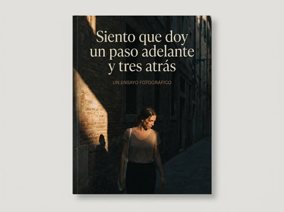 Una fotografía cruda y cinematográfica de una mujer caminando lentamente por un callejón estrecho y oscuro de la ciudad al atardecer. Texto "Siento que doy un paso adelante y tres atrás"
