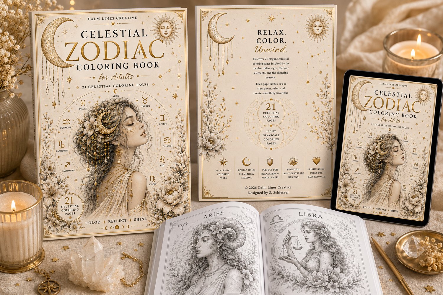 Mockup of the Celestial Zodiac Coloring Book showing the printable PDF, front and back cover, tablet preview, and interior grayscale coloring pages for adults.