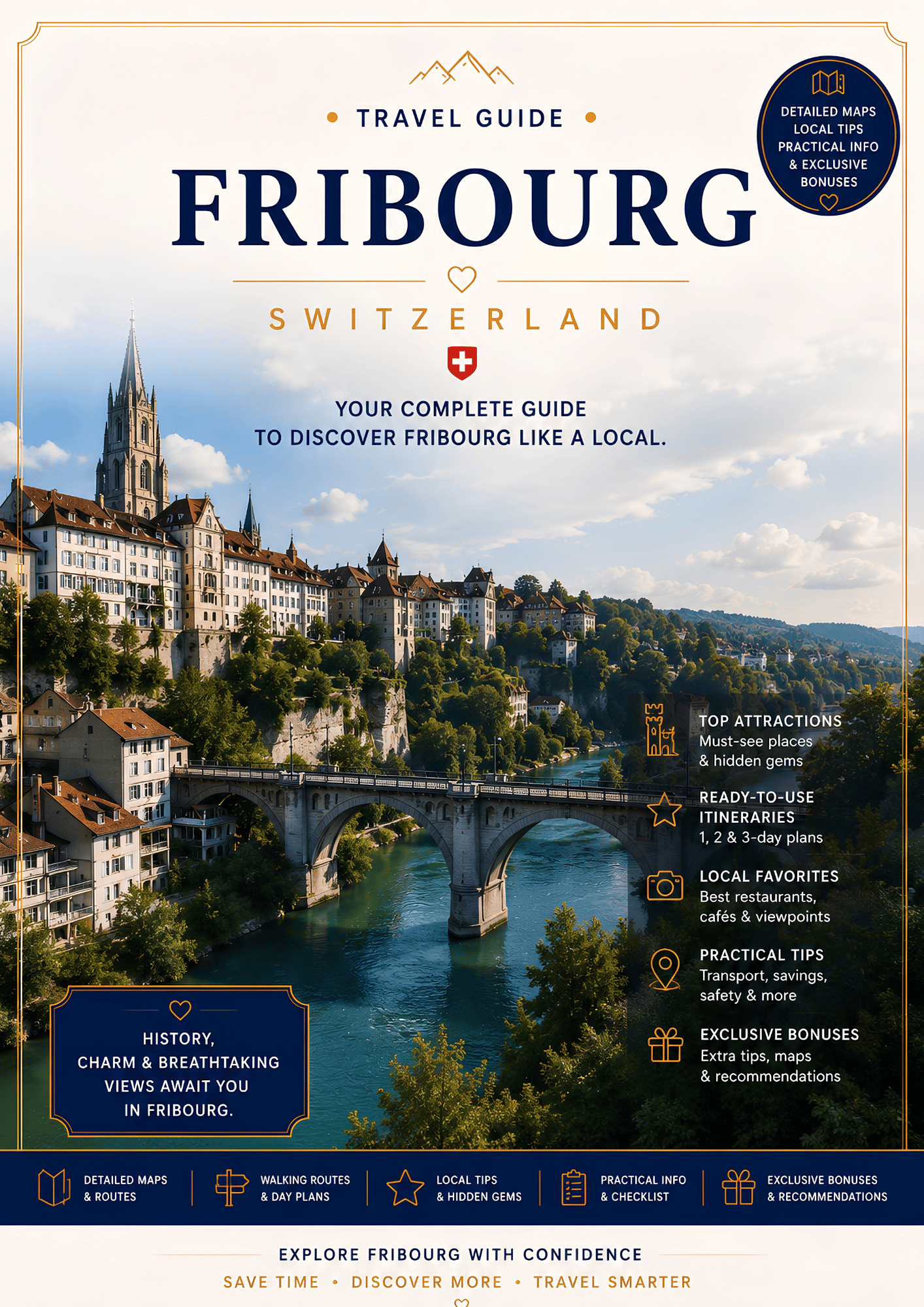 PDF travel guide cover for Fribourg, Switzerland featuring the medieval Old Town, historic bridges and top attractions