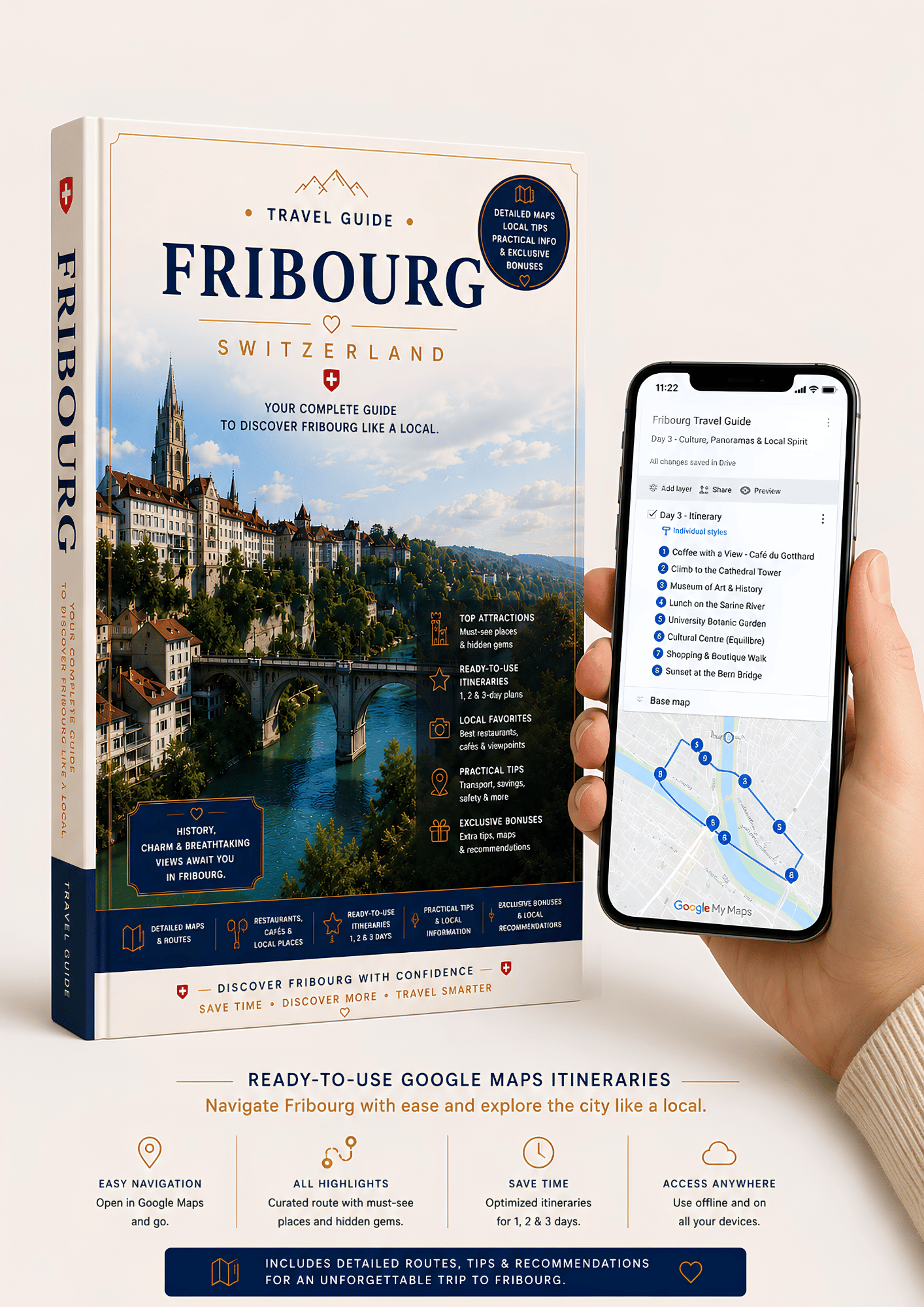 Interactive Fribourg travel guide with Google Maps on a smartphone