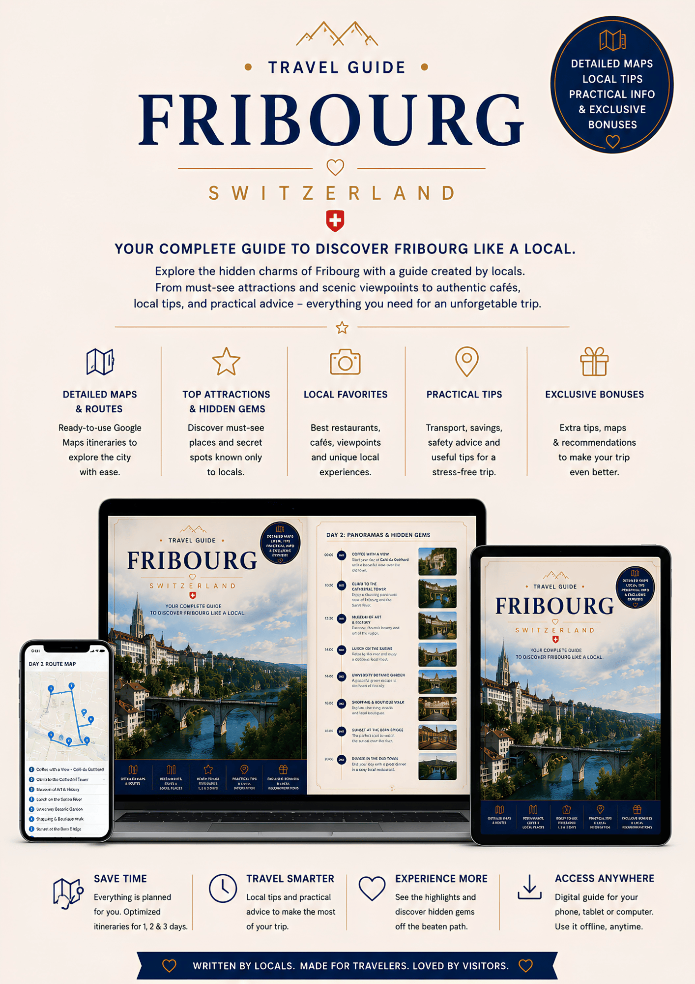Fribourg travel guide displayed on laptop, tablet, smartphone and PDF book