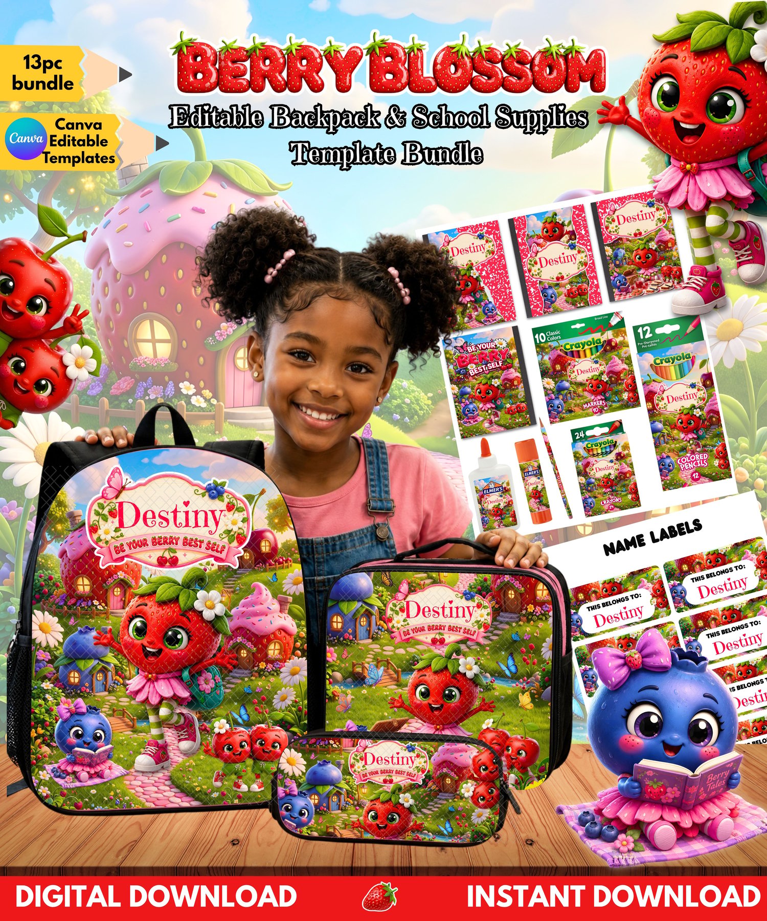 berry blossom bundle, school bundle template, editable backpack template, canva school template, personalized school supplies, berry theme school set, strawberry school bundle, back to school template, editable lunch bag template, school labels template,
