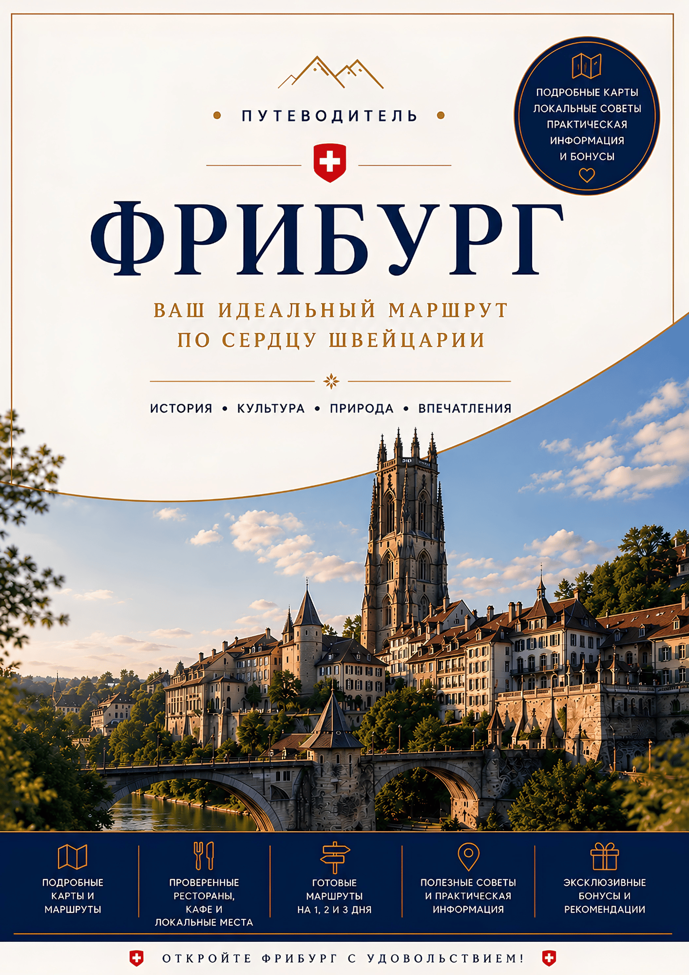 Обложка PDF-путеводителя по Фрибургу с историческим Старым городом, мостами и главными достопримечательностями