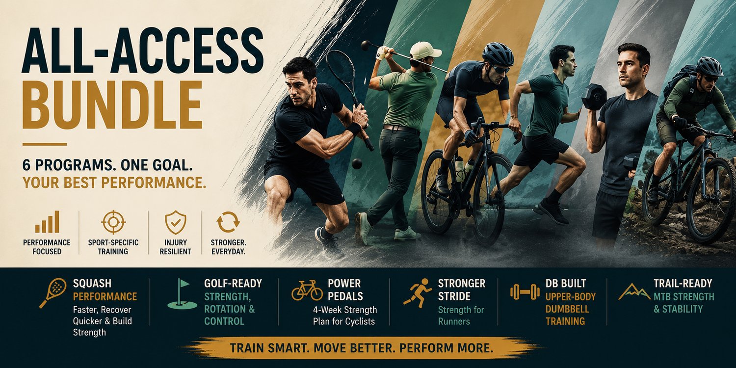 All-Access Bundle of six sport-specific strength and mobility training programs for squash, golf, cycling, running, MTB and home dumbbell workouts.