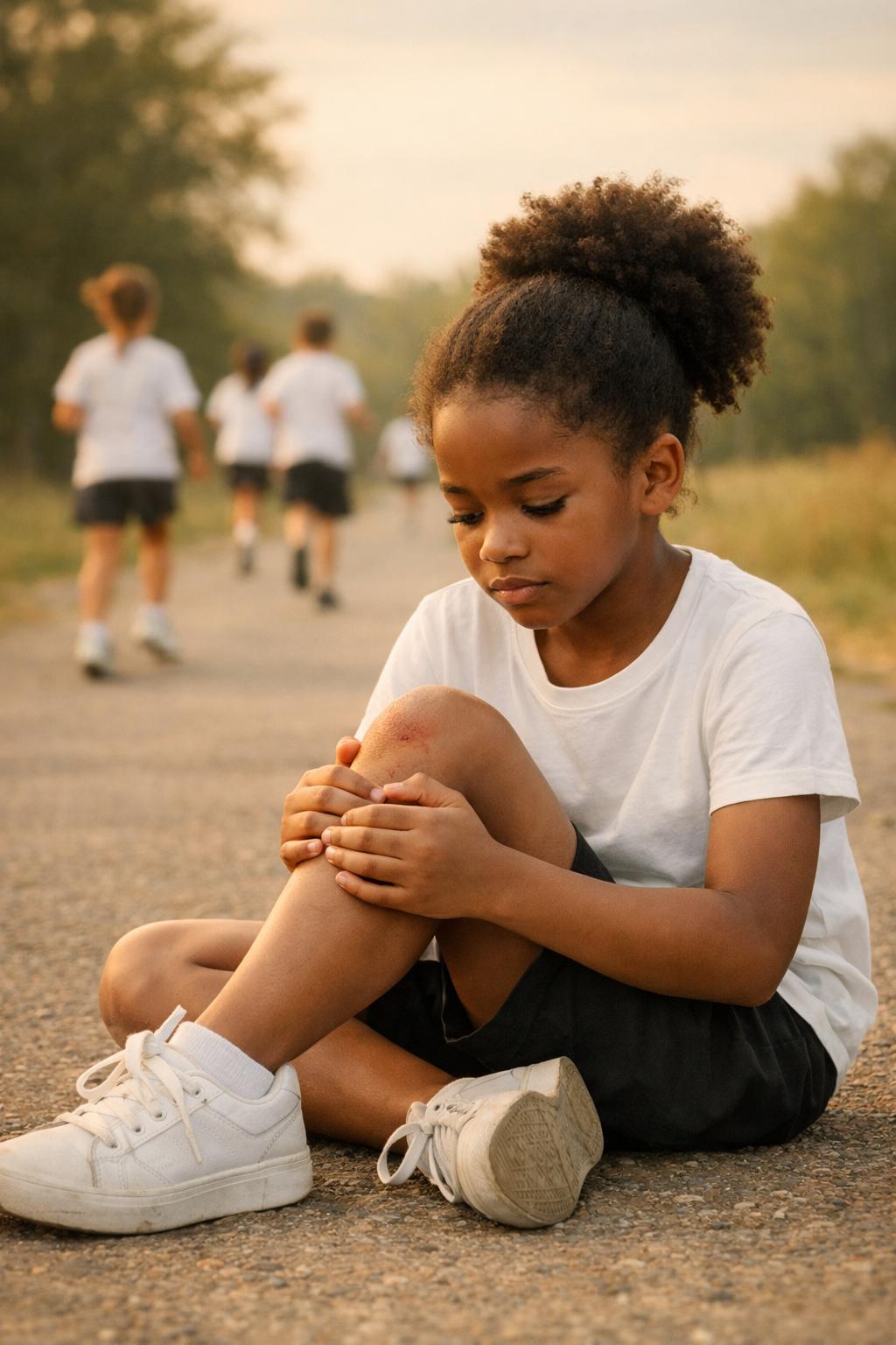 Young Black girl sitting on a path holding her scraped knee, looking down quietly while other children run past in the background
