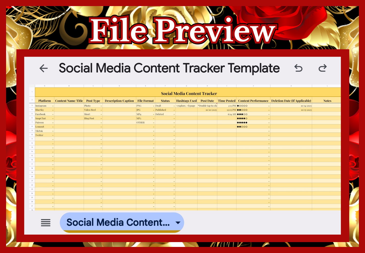A file preview for the "Social Media Content Tracker Template" Excel Sheet.