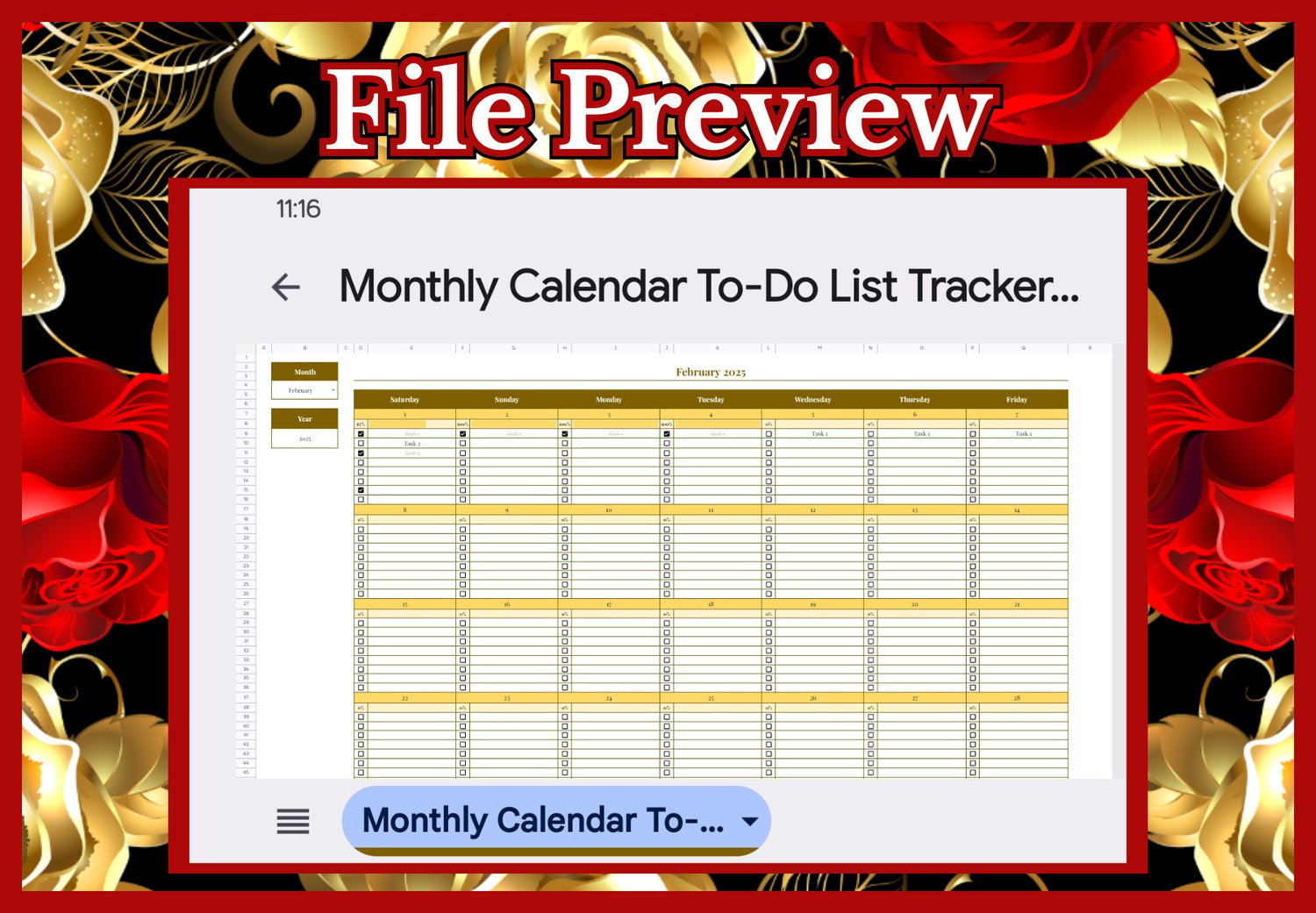 A file preview of the "Monthly Calendar To-Do List Tracker Template" Excel Sheet.