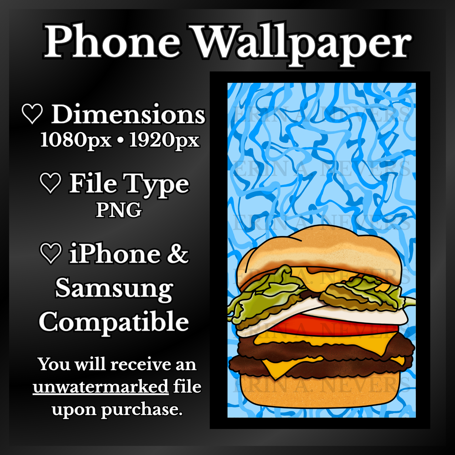 A product promotion thumbnail featuring a phone wallpaper with a burger.