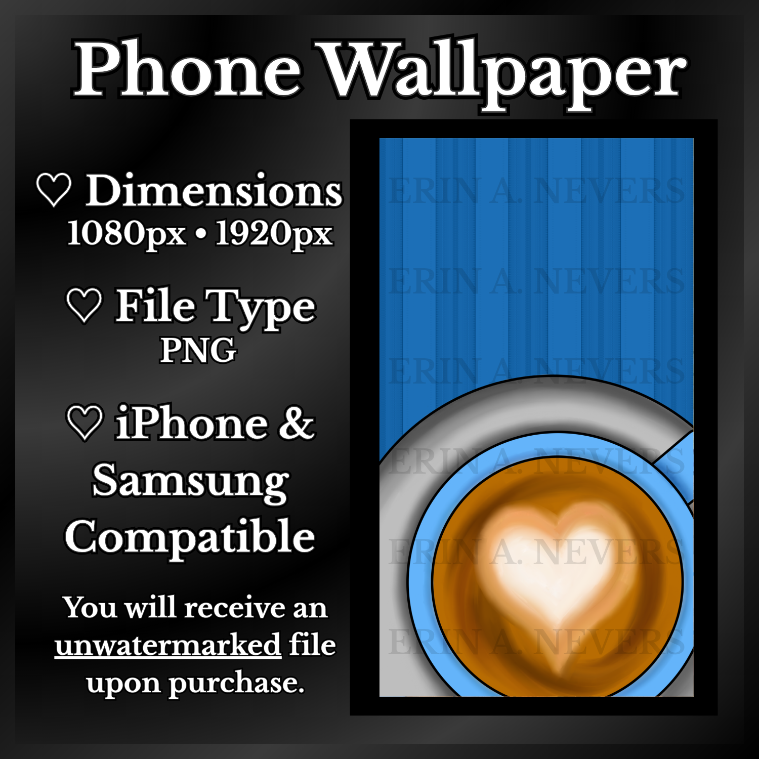 A product promotion thumbnail featuring a phone wallpaper with a blue mug containing coffee.