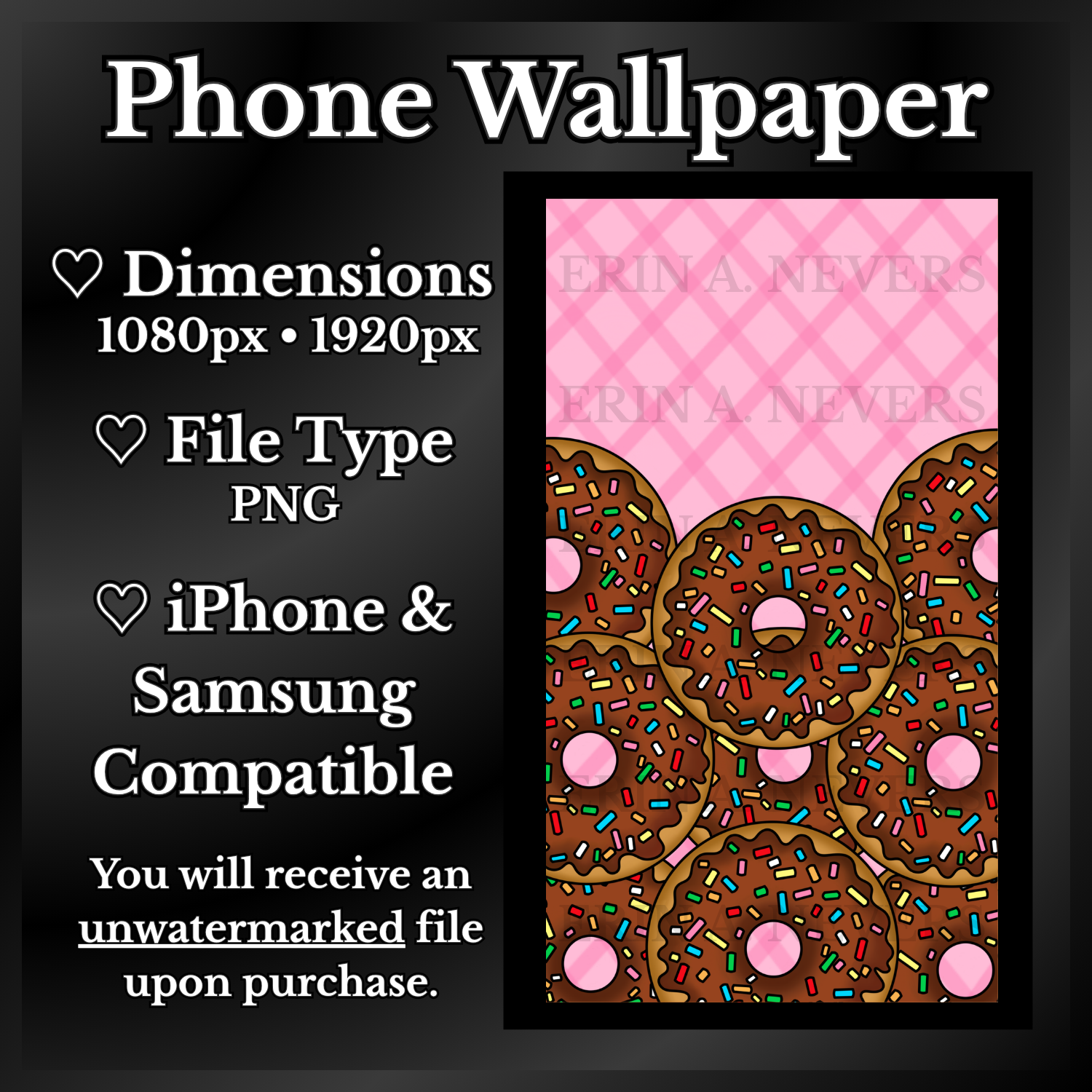 A product promotion thumbnail featuring a phone wallpaper with nine donuts featuring chocolate icing and rainbow sprinkles.