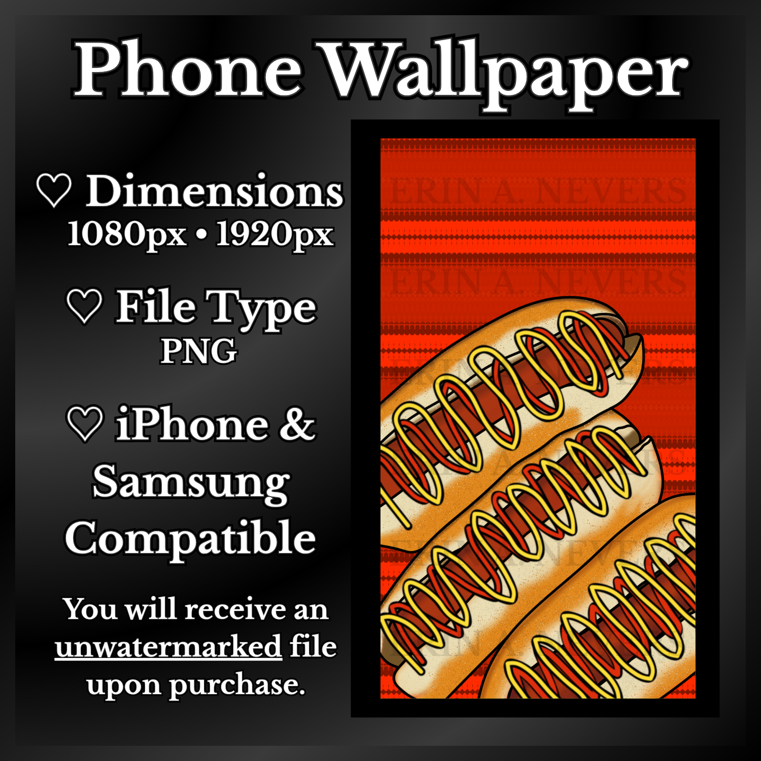A product promotion thumbnail featuring a phone wallpaper with three hot dogs in separate bread buns.