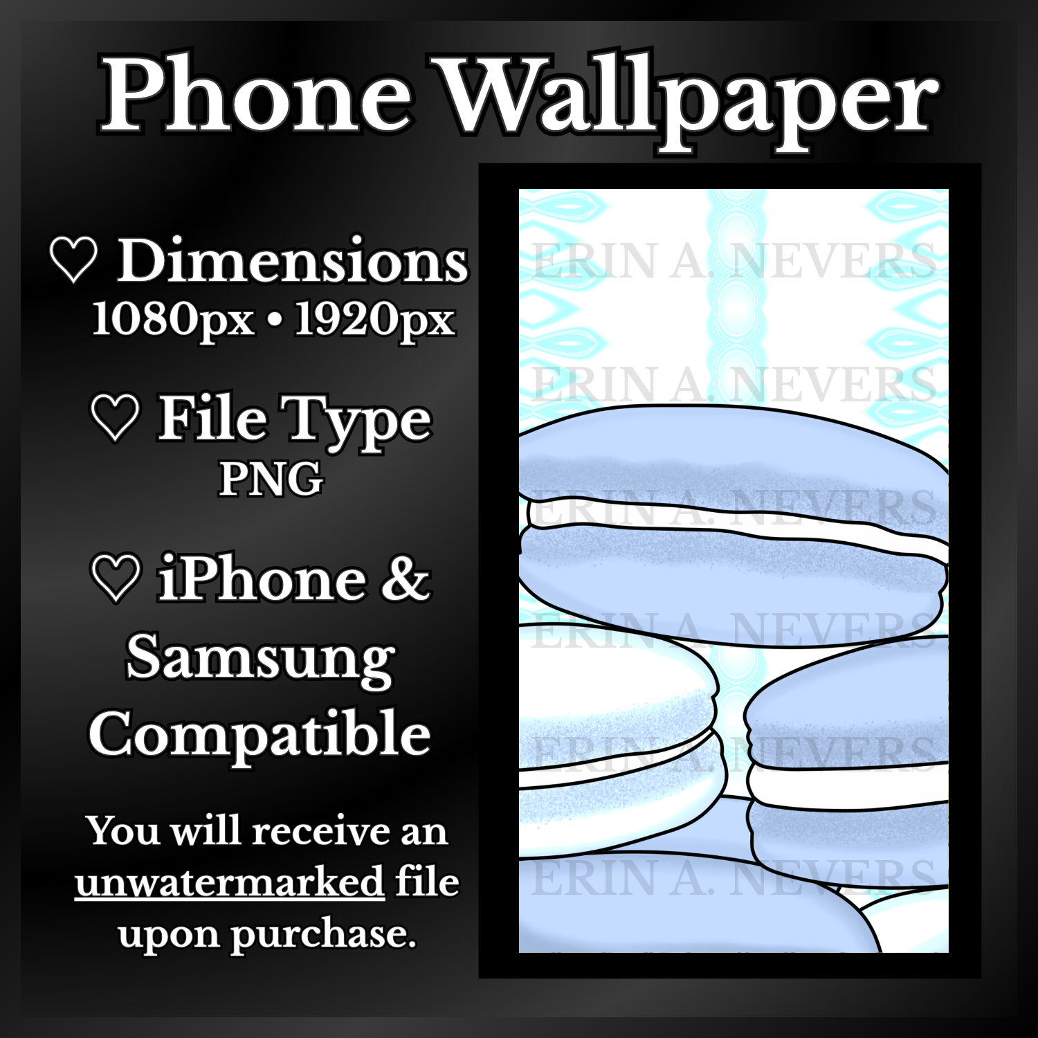 A product promotion thumbnail featuring a phone wallpaper with six blue macarons.