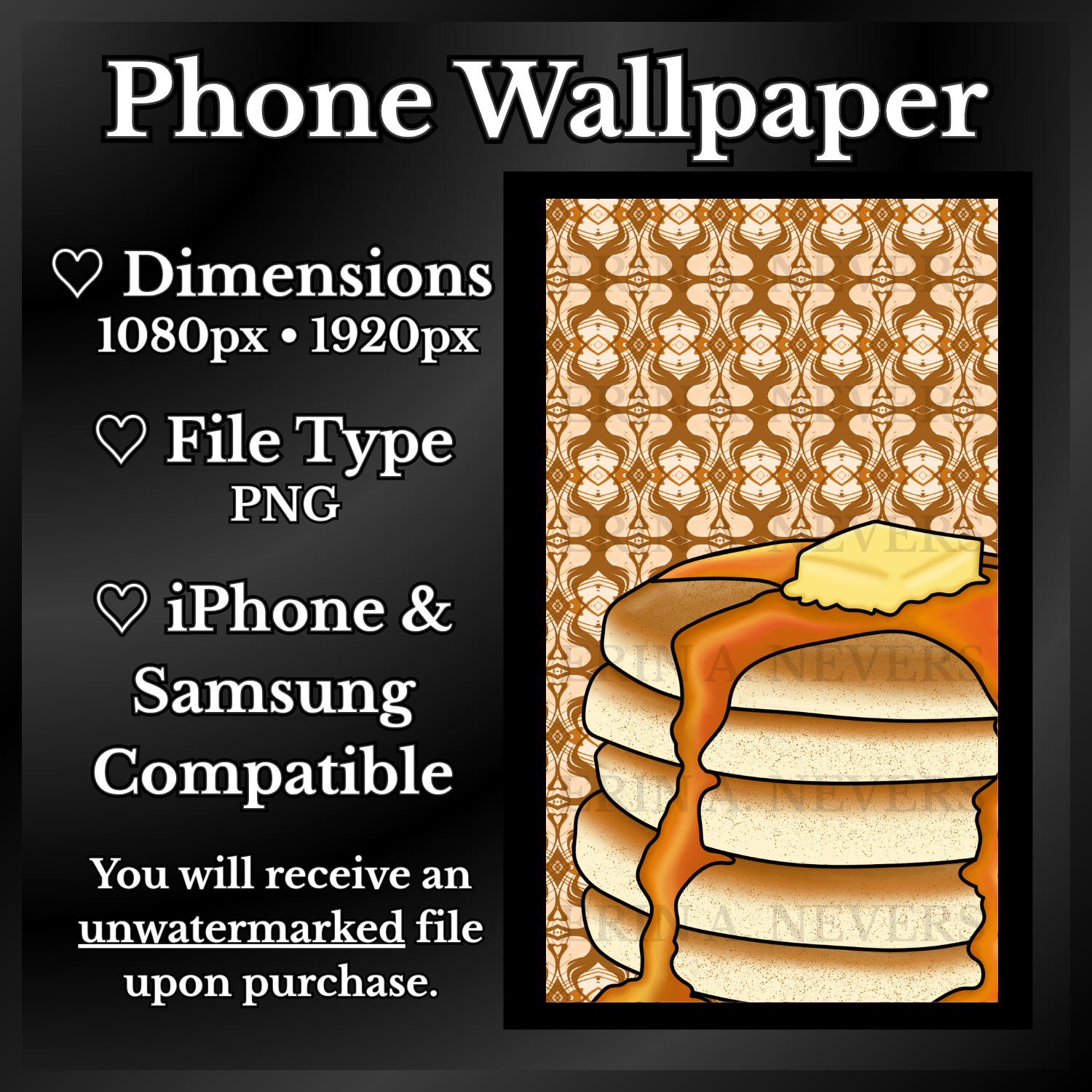 A product promotion thumbnail featuring a phone wallpaper with five pancakes topped with syrup and butter.