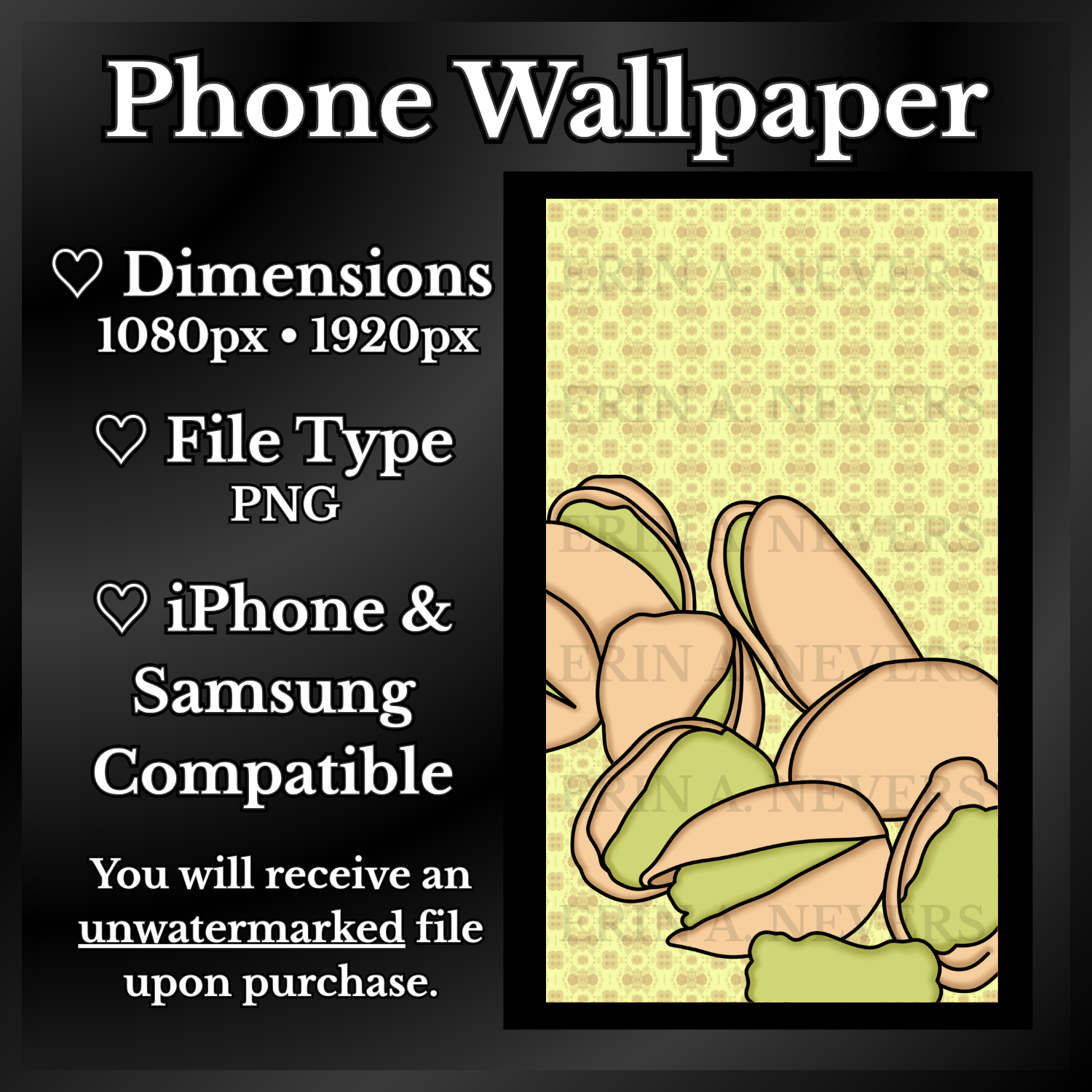 A product promotion thumbnail featuring a phone wallpaper with nine pistachios.