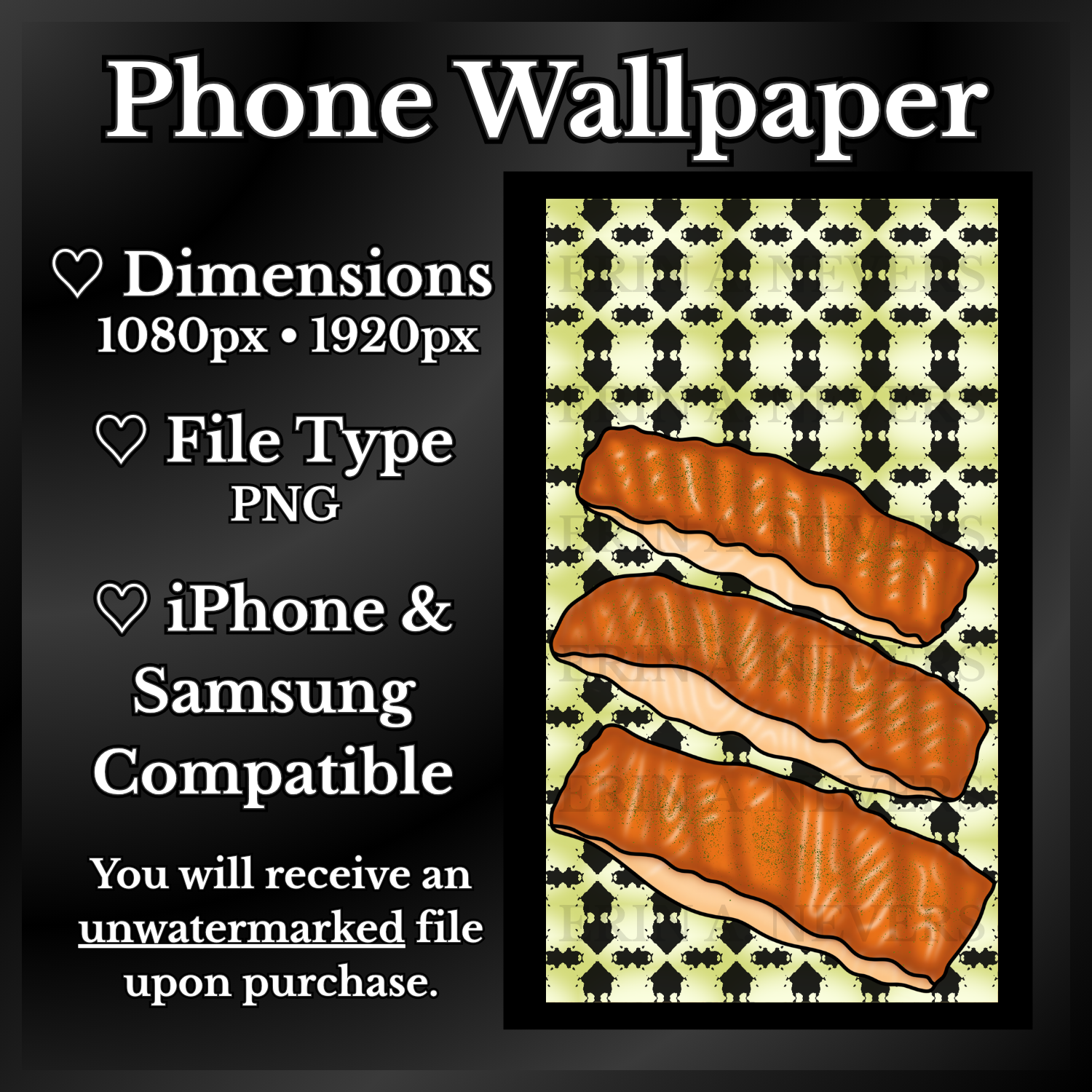 A product promotion thumbnail featuring a phone wallpaper with three salmon fillets.